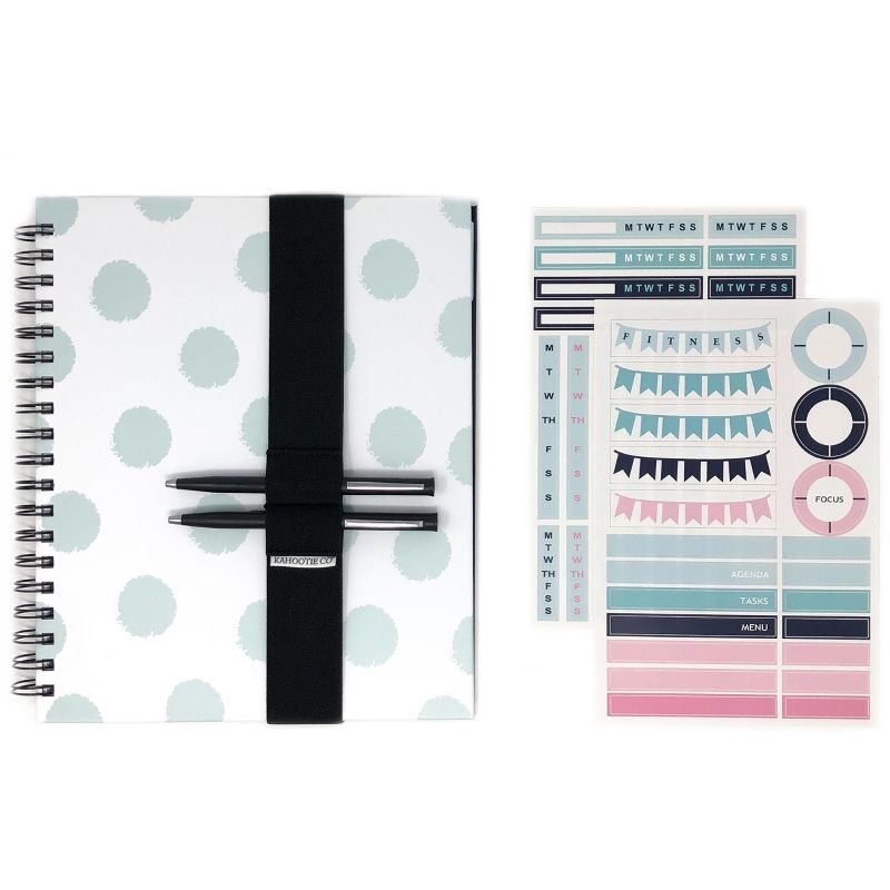 Undated Weekly Planner 8"x10", Book Band & Stickers Bundle Teal Polka Dots - Kahootie Co