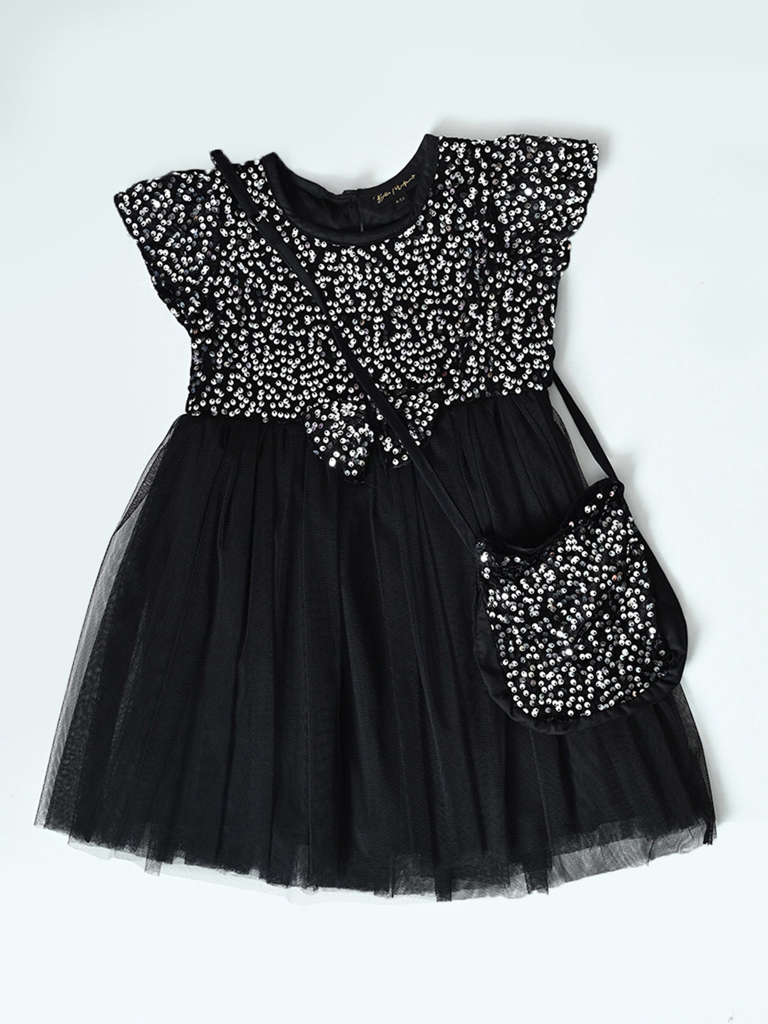 Bella Moda Girls Black & Silver Embellished Dress with Sling Bag