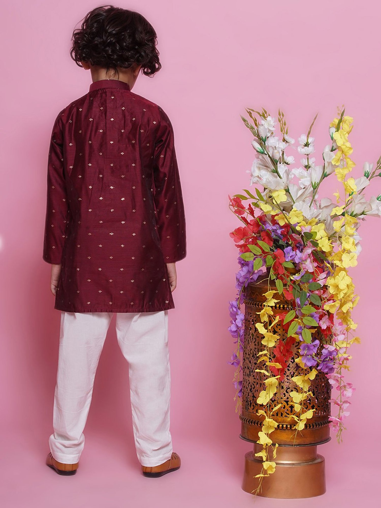 Little Bansi Boys Maroon & White Self Design Full Sleeves Kurta with Pyjamas