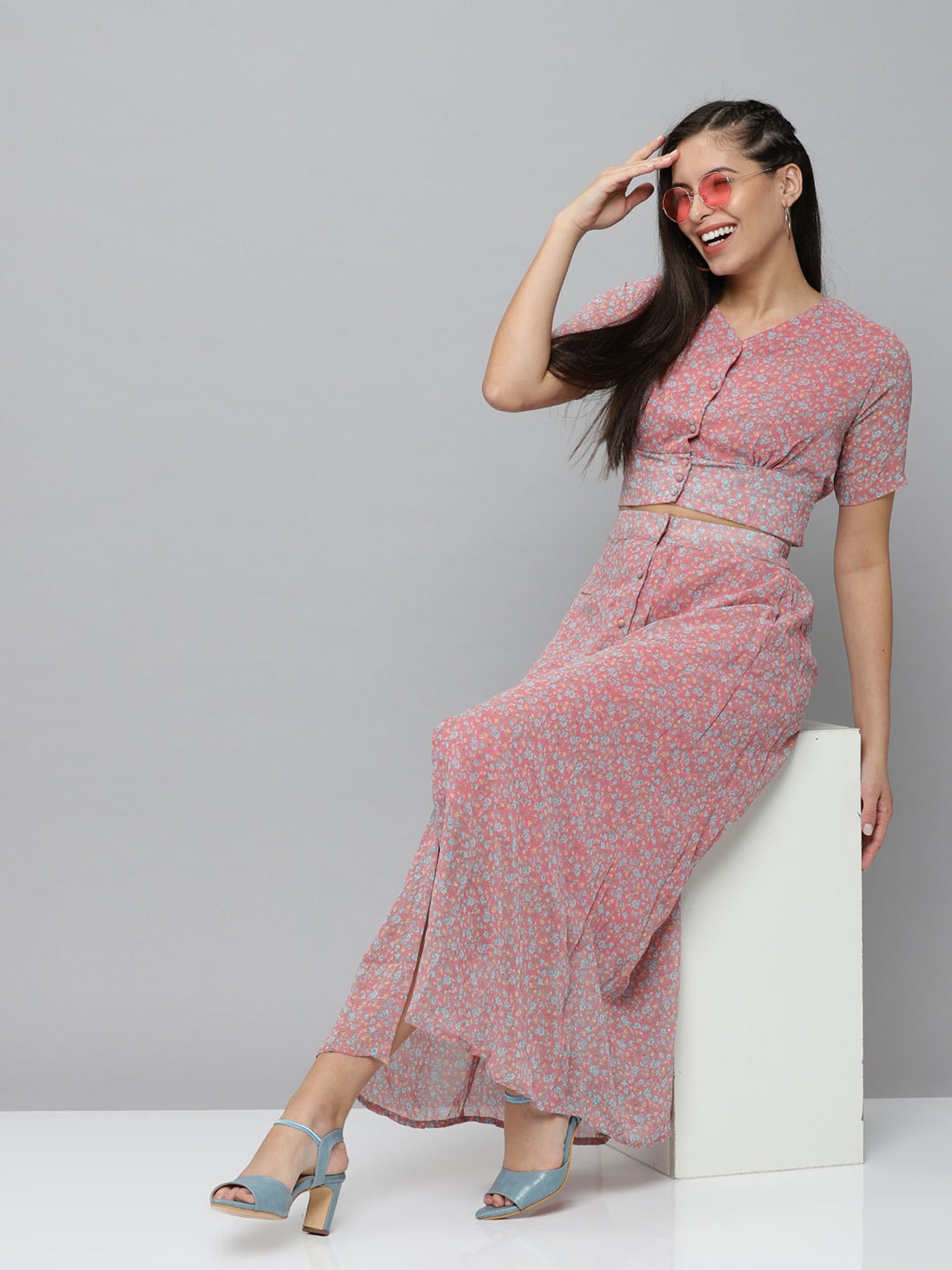 SHOWOFF Pink Blended Printed Top With Skirt