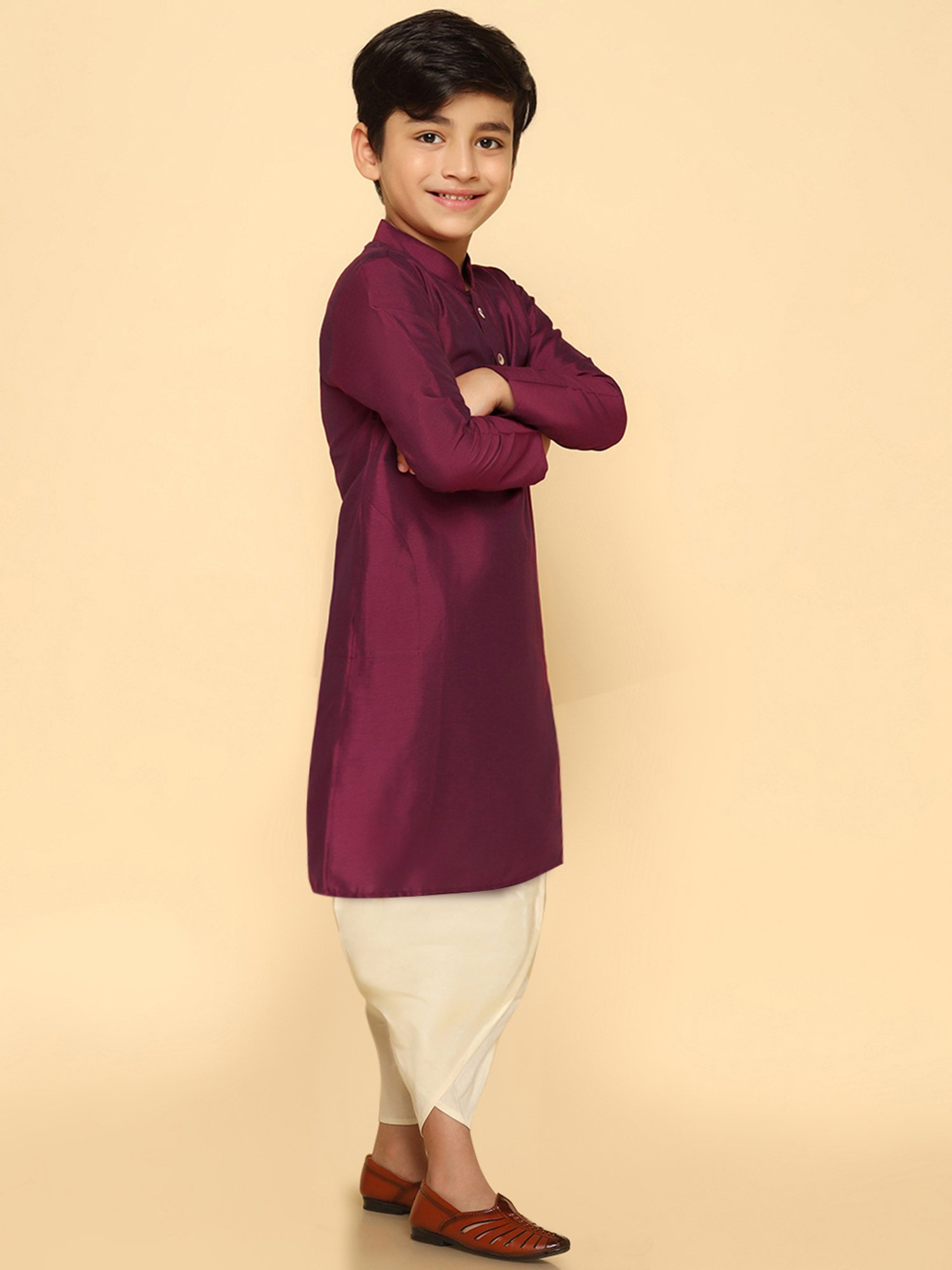KISAH Kids Magenta & Cream Solid Full Sleeves Kurta with Dhoti