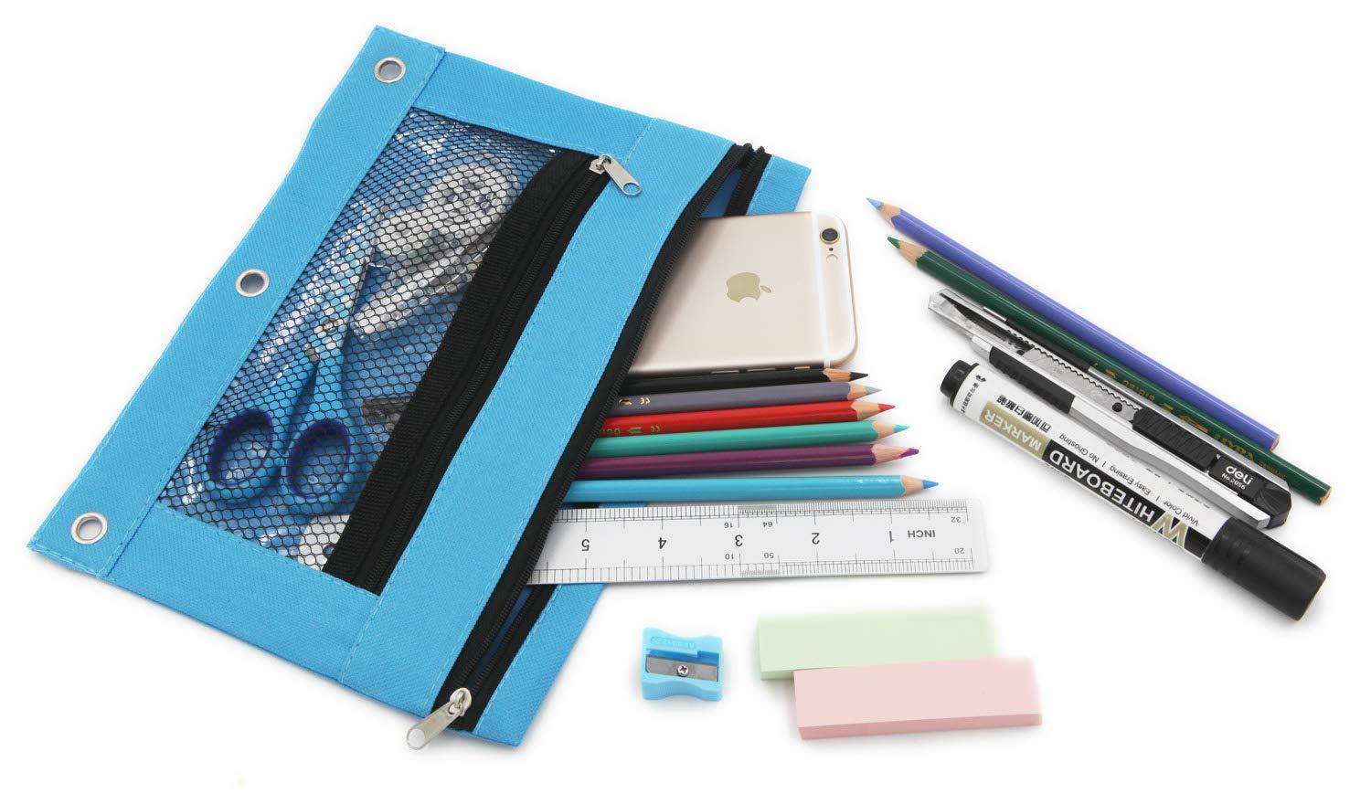 Pencil Case Pencil Pouch Zipper with 3 Ring and Double Pocket and Mesh Window(Blue,2 Pack)