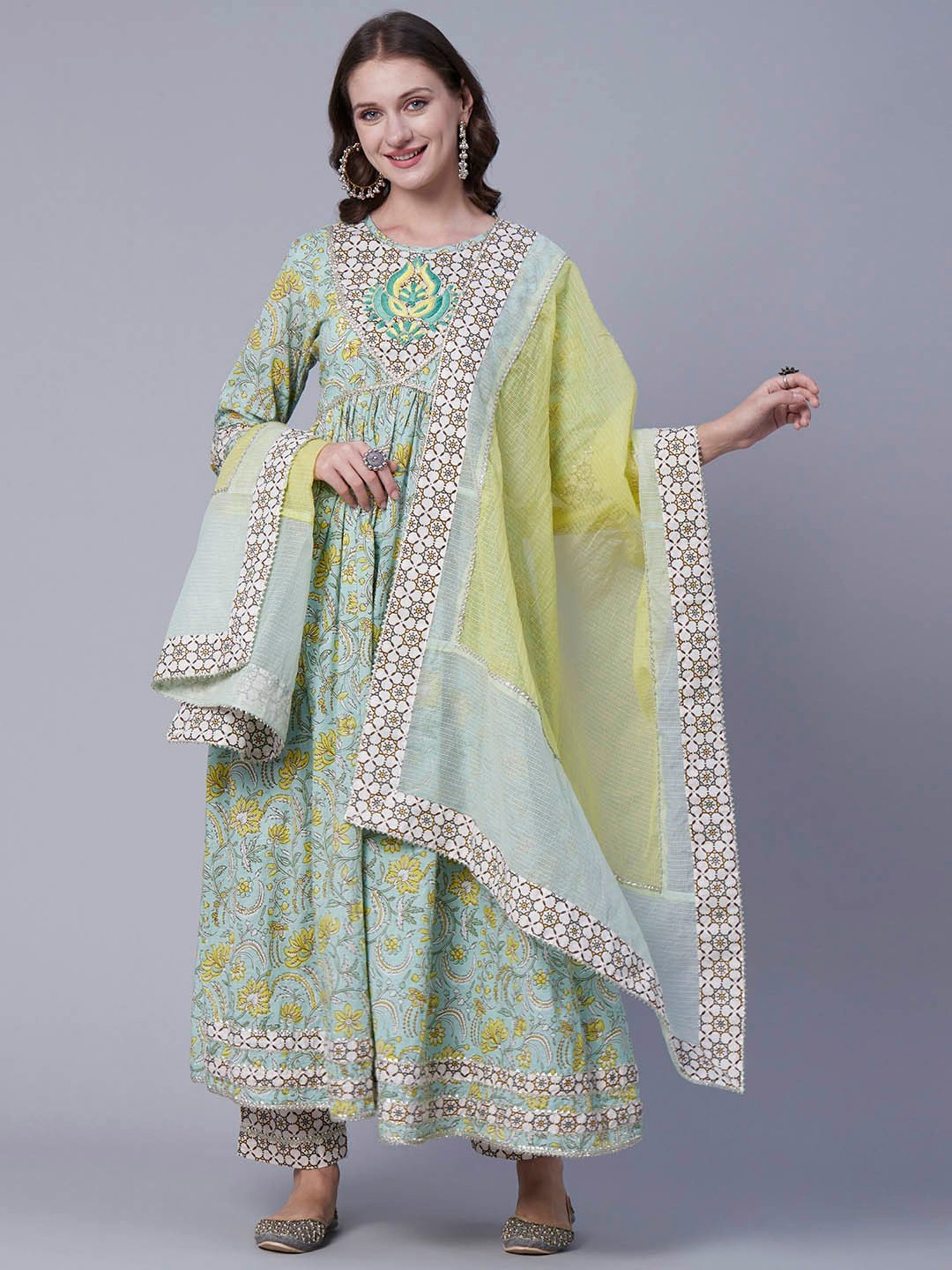 Fashor Pastel Green Cotton Floral Kurta With Pants & Dupatta