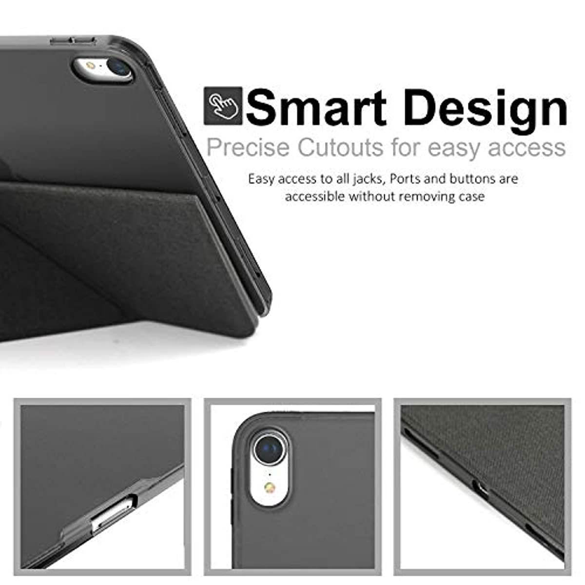 KHOMO Horizontal and Vertical Display Stand Capable Cover for iPad Pro 12.9 Inch Case 3rd Generation (Released 2018) - Dual Origami Series - See Through Back - Twill Grey