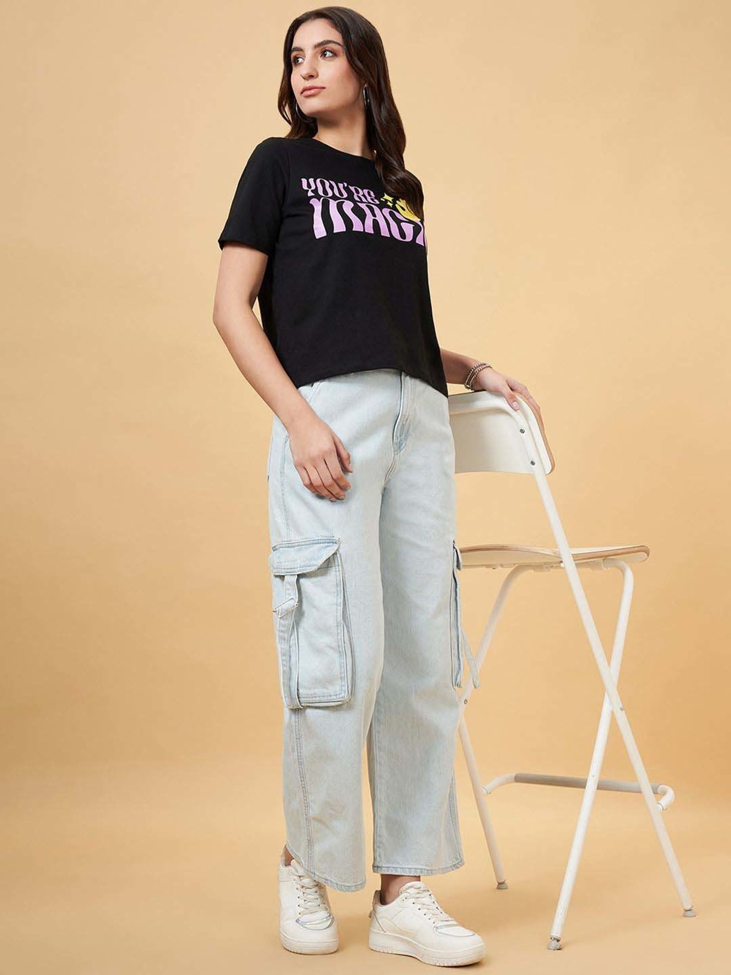 People by Pantaloons Jet Black Cotton Printed T-Shirt