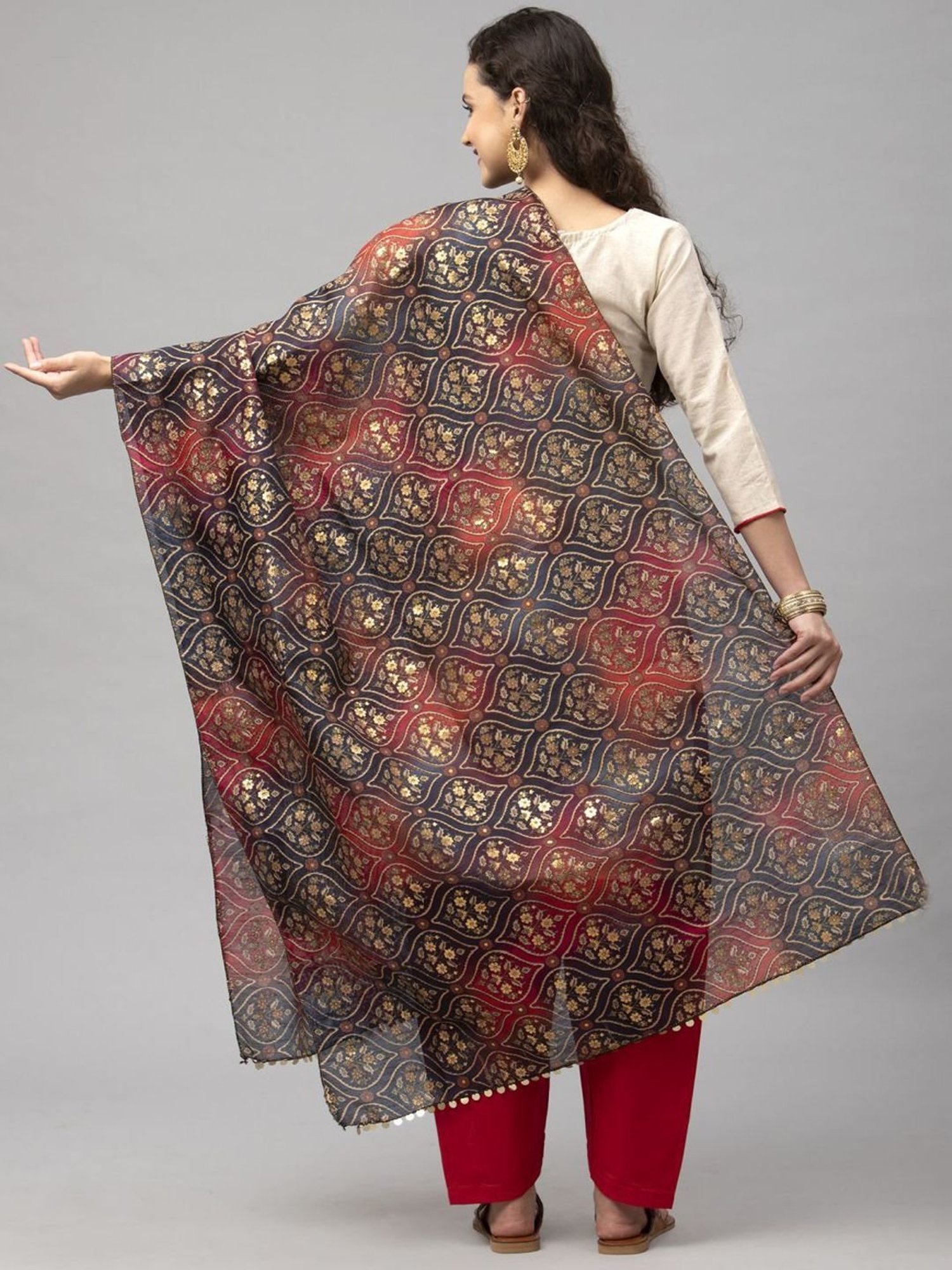 Satrani Beige & Red Embroidered Unstitched Dress Material