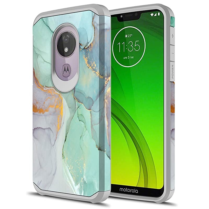 for Moto G7 Power Case, Moto G7 Supra Case, Hybrid Drop Protection Sleek Slim Dual Layer Shockproof Colorful Graphic Armor Case for LG Moto G7 Power/Supra (Green Marble)