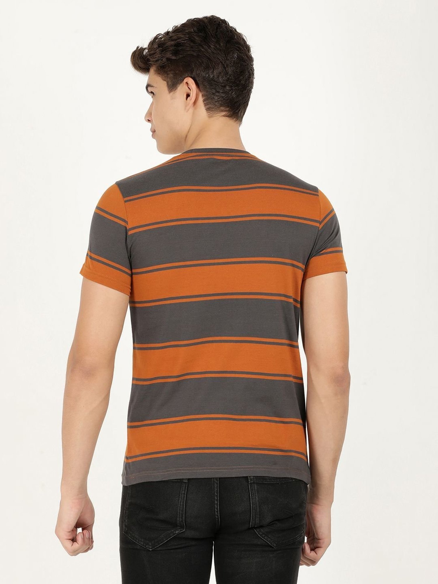 Wrangler Grey Cotton Regular Fit Striped T-Shirt