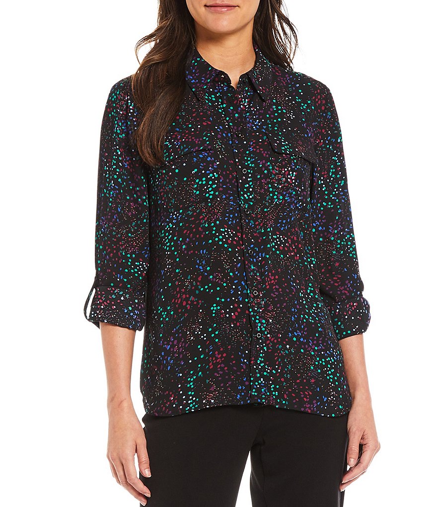 Tommy Hilfiger V-Neck Long Sleeve Printed Button Front Blouse
