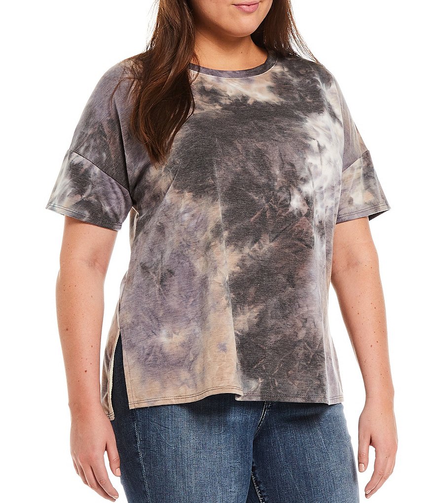 Moa Moa Plus Tie-Dye Knit Crew Neck Drop Shoulder Short Sleeve Top