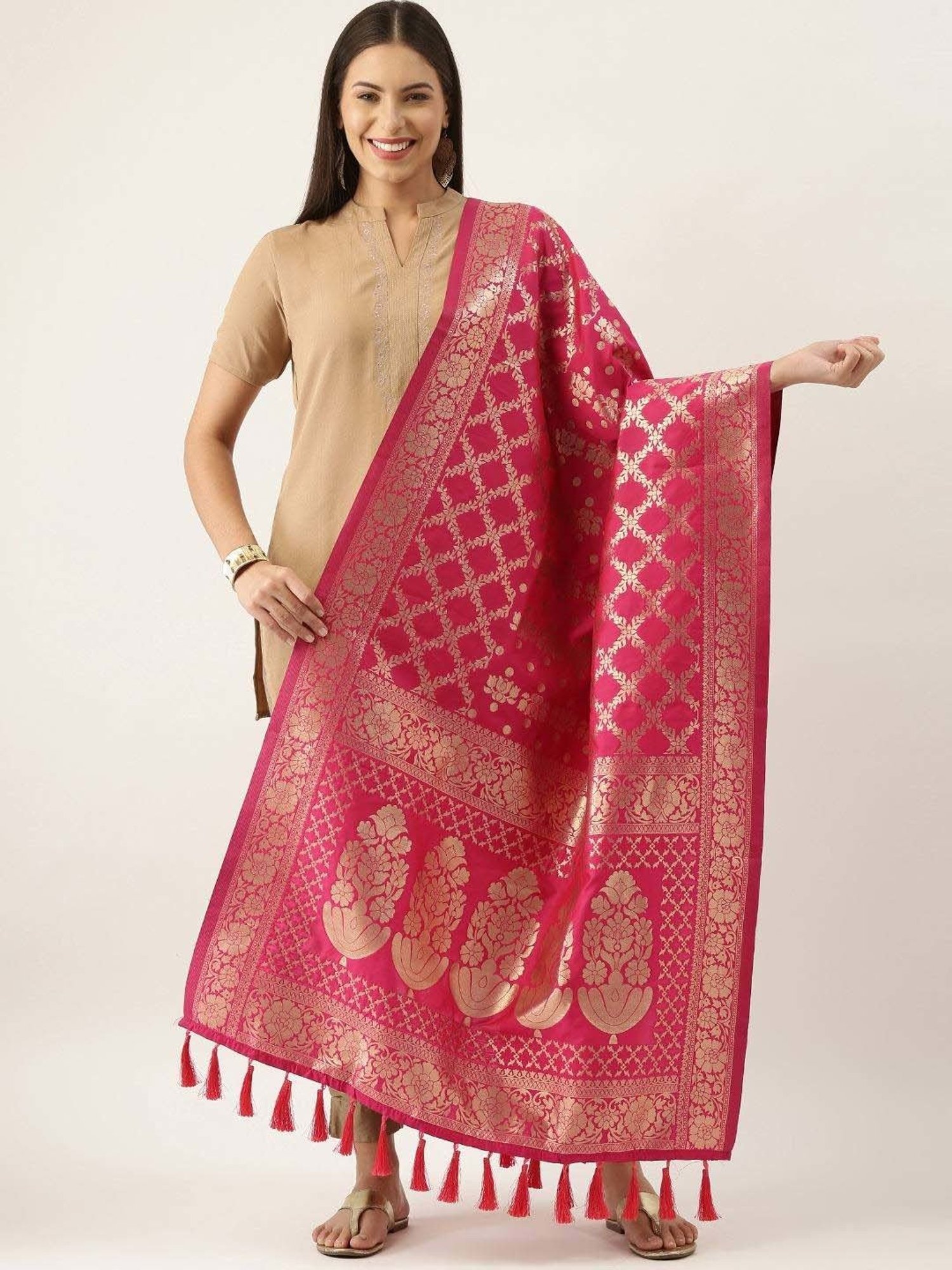 Silk Land Pink Woven Pattern Dupatta