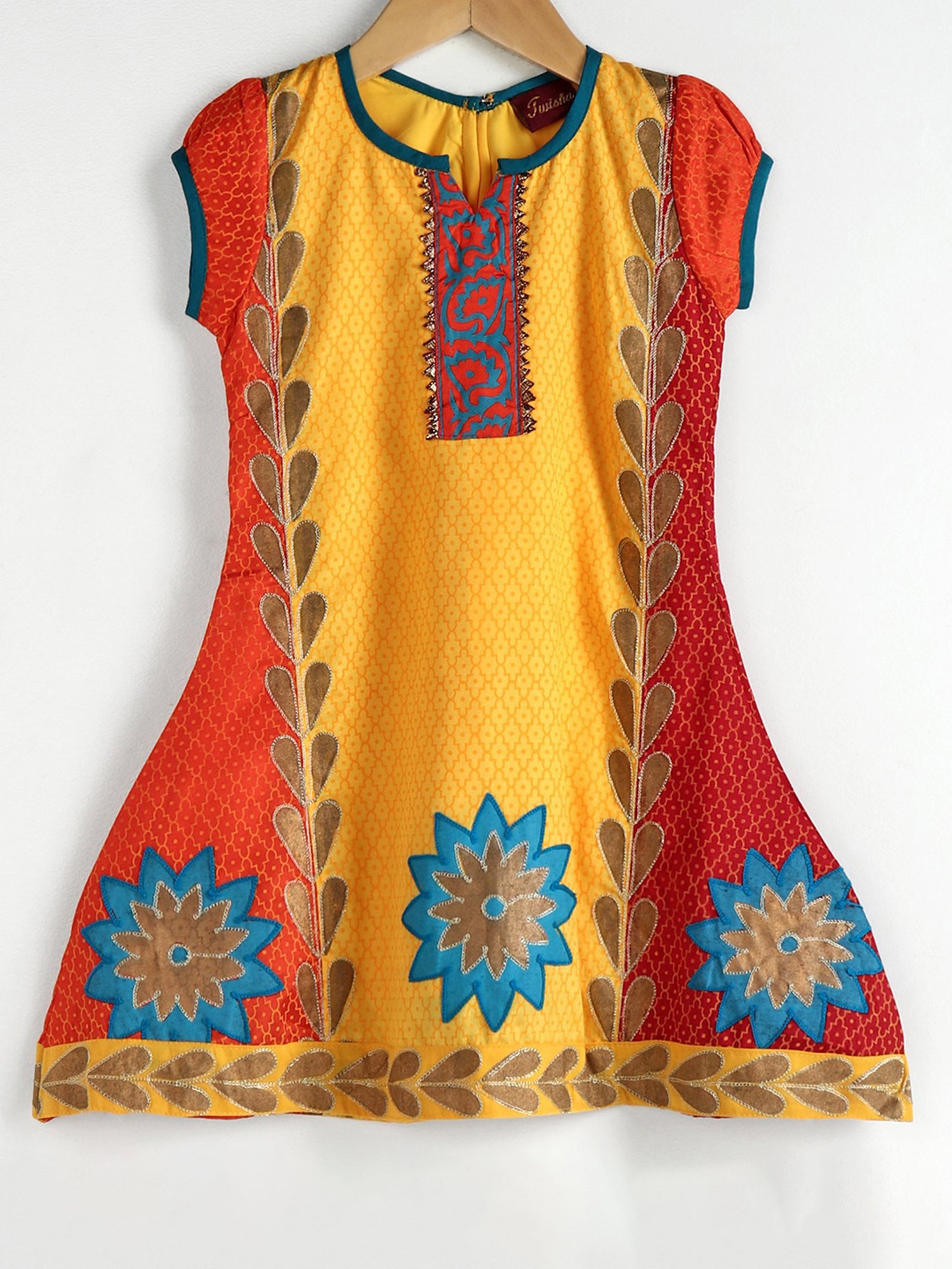 TWISHA Kids Mustard & Orange Embroidered Kurta, Churidar with Dupatta
