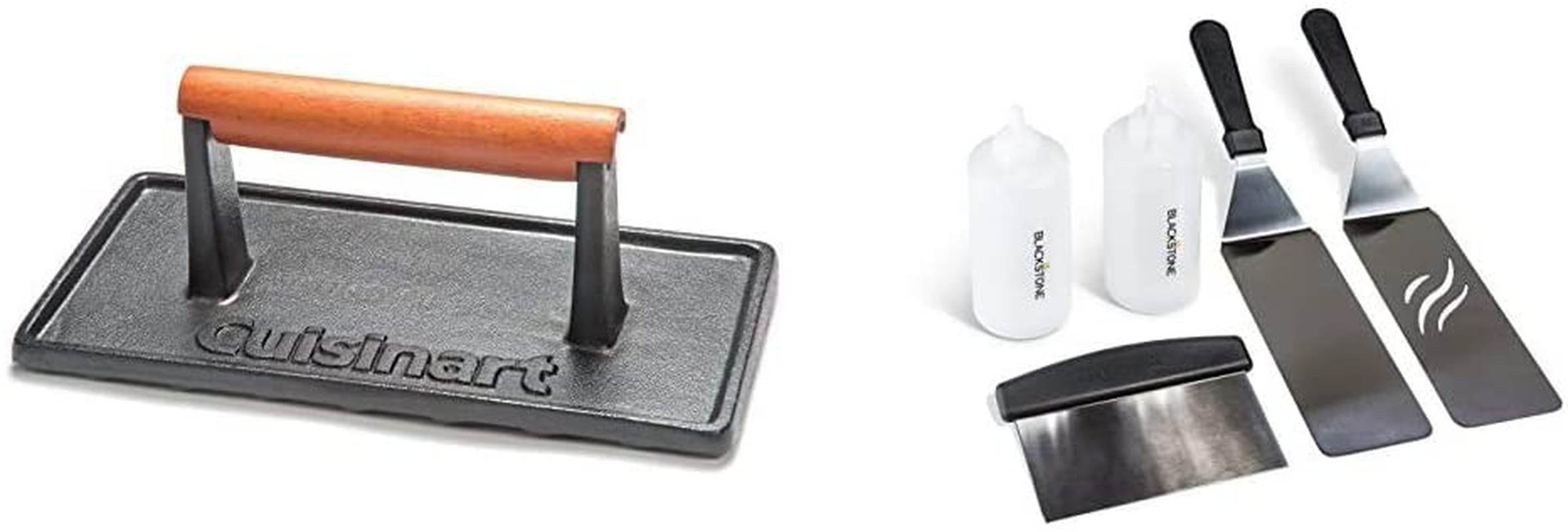 Cuisinart CGPR-221, Cast Iron Grill Press (Wood Handle) & Blackstone 1542 Griddle Accessory Tool Kit, Multicolor