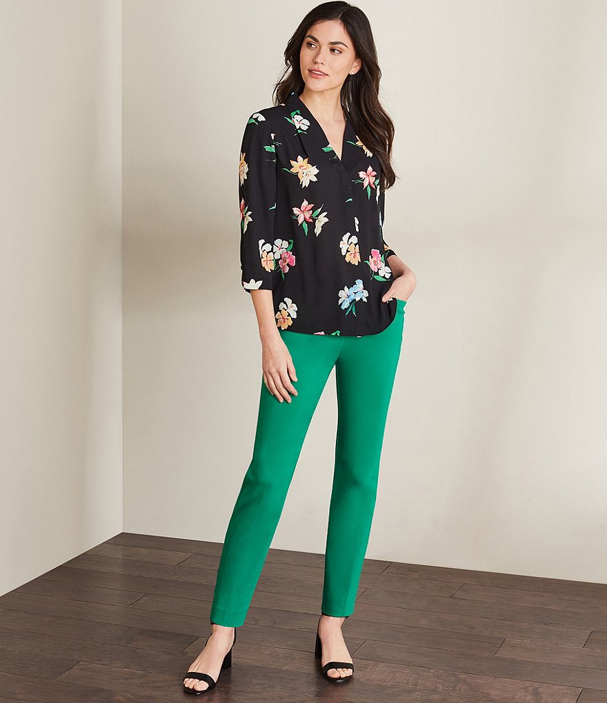 Ali Miles Petite Size Long Roll-Tab Sleeve Round V-Neck Pucker Knit Asymmetrical Tunic