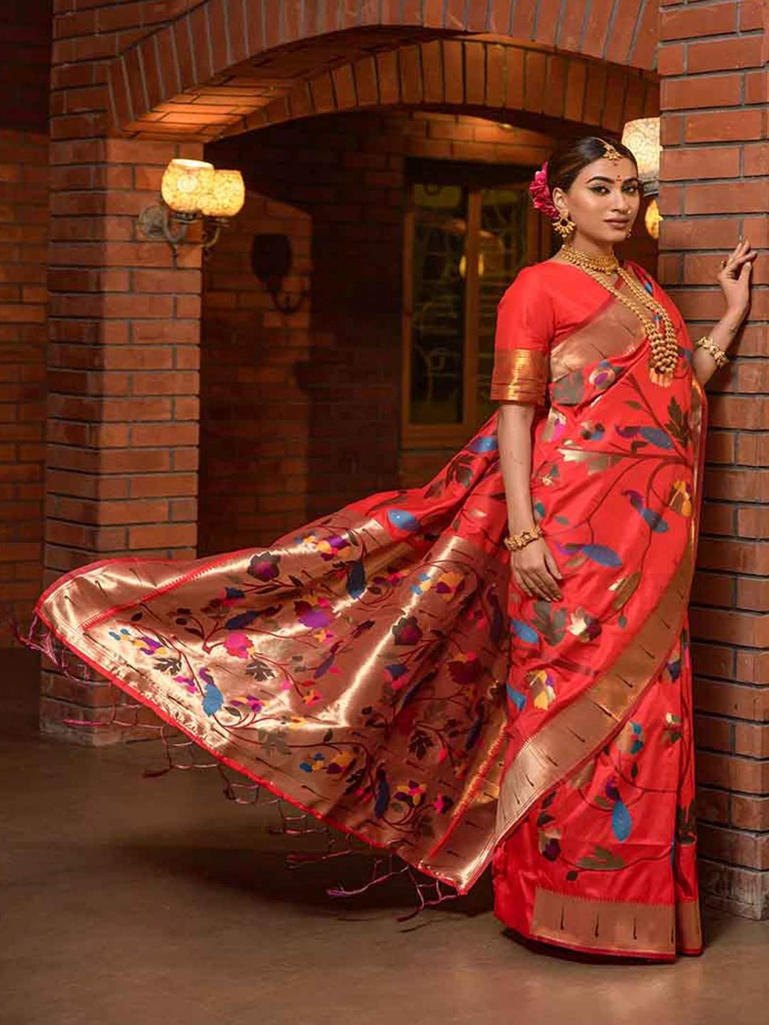 SHUBHKALA Red Silk Woven Saree With Unstitched Blouse