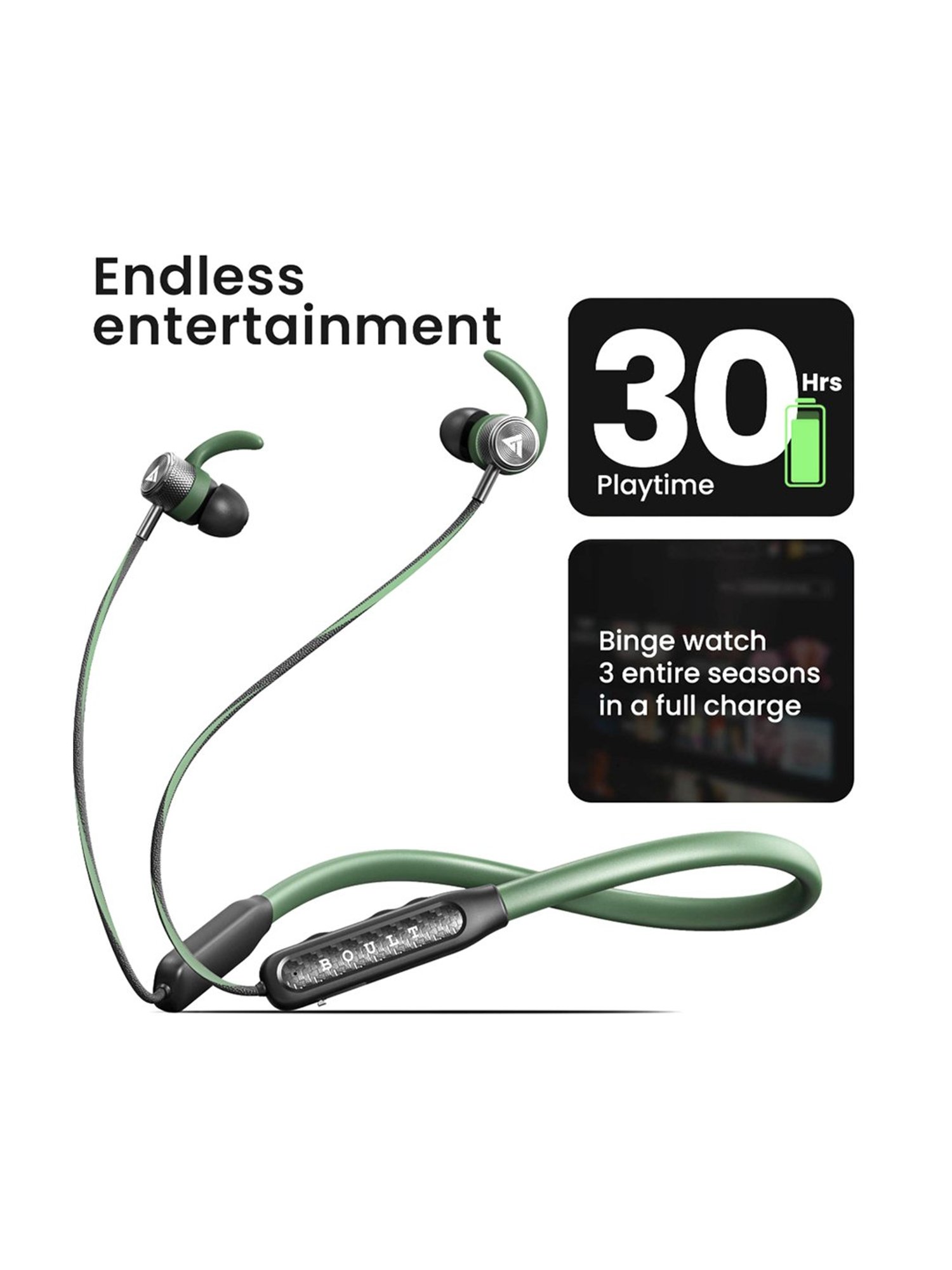 Boult Audio Rcharge Neckband with 30Hrs Playtime, ENC Mic, Dual Device Pairing (Green, In the Ear)