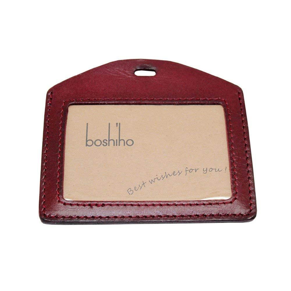 Boshiho Genuine Leather ID Card Badge Holder with Heavy Duty Lanyard Horizontal Style (Brown)