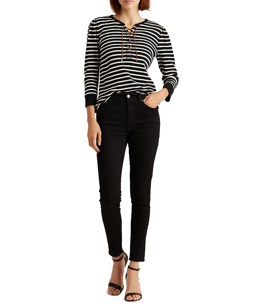 Calessa Petite Size Matte Jersey Knit Button Front Roll Tab Blouse