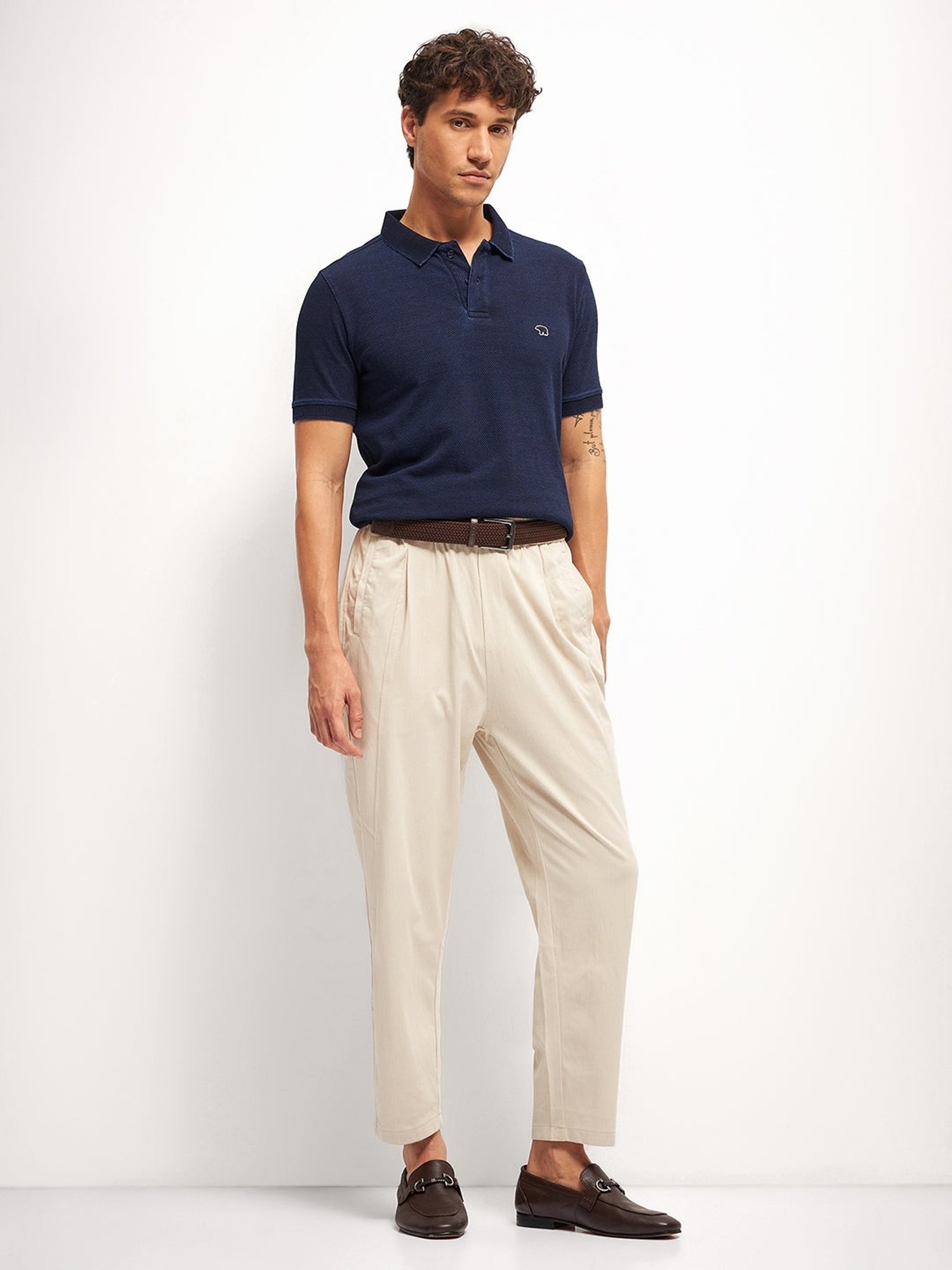 The Bear House Blue Cotton Regular Fit Self Pattern Polo T-Shirt