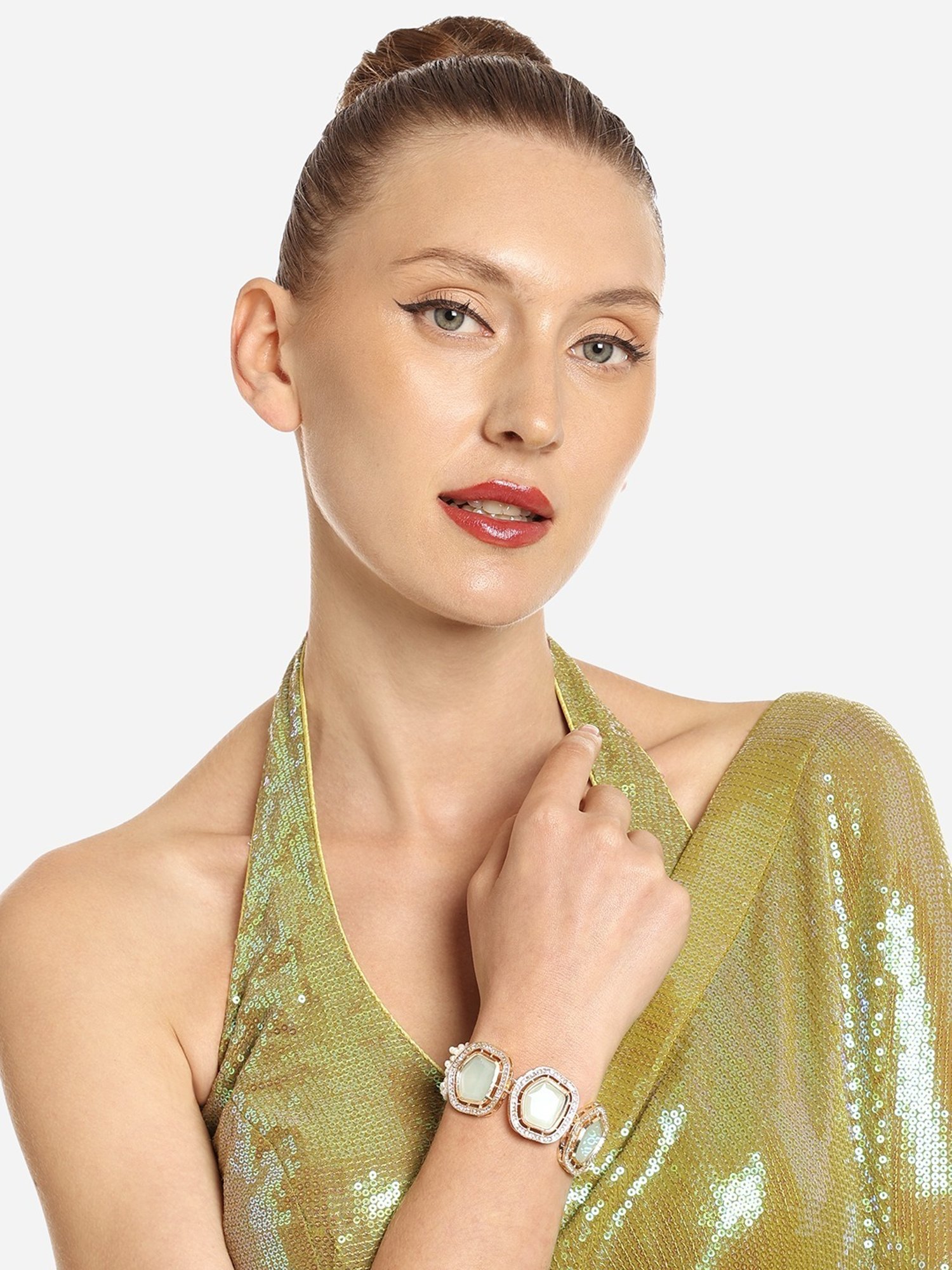 Zaveri Pearls Green Multistrand Artificial Stones & Beads Ethnic Bracelet-ZPFK16676