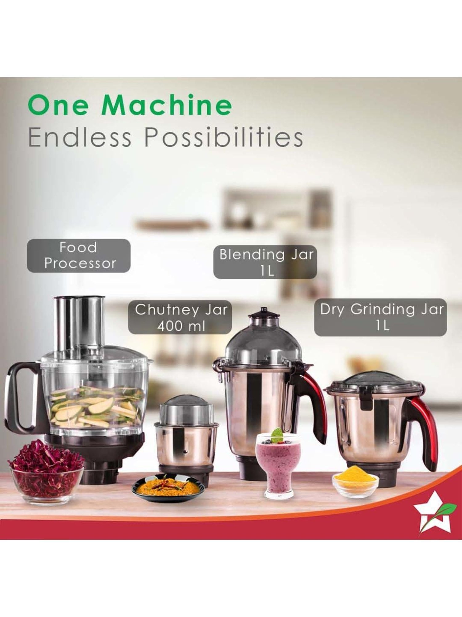 Wonderchef Platinum 750W Mixer Grinder with Food Processor & 4 Stainless Steel Jars (Black & Red)