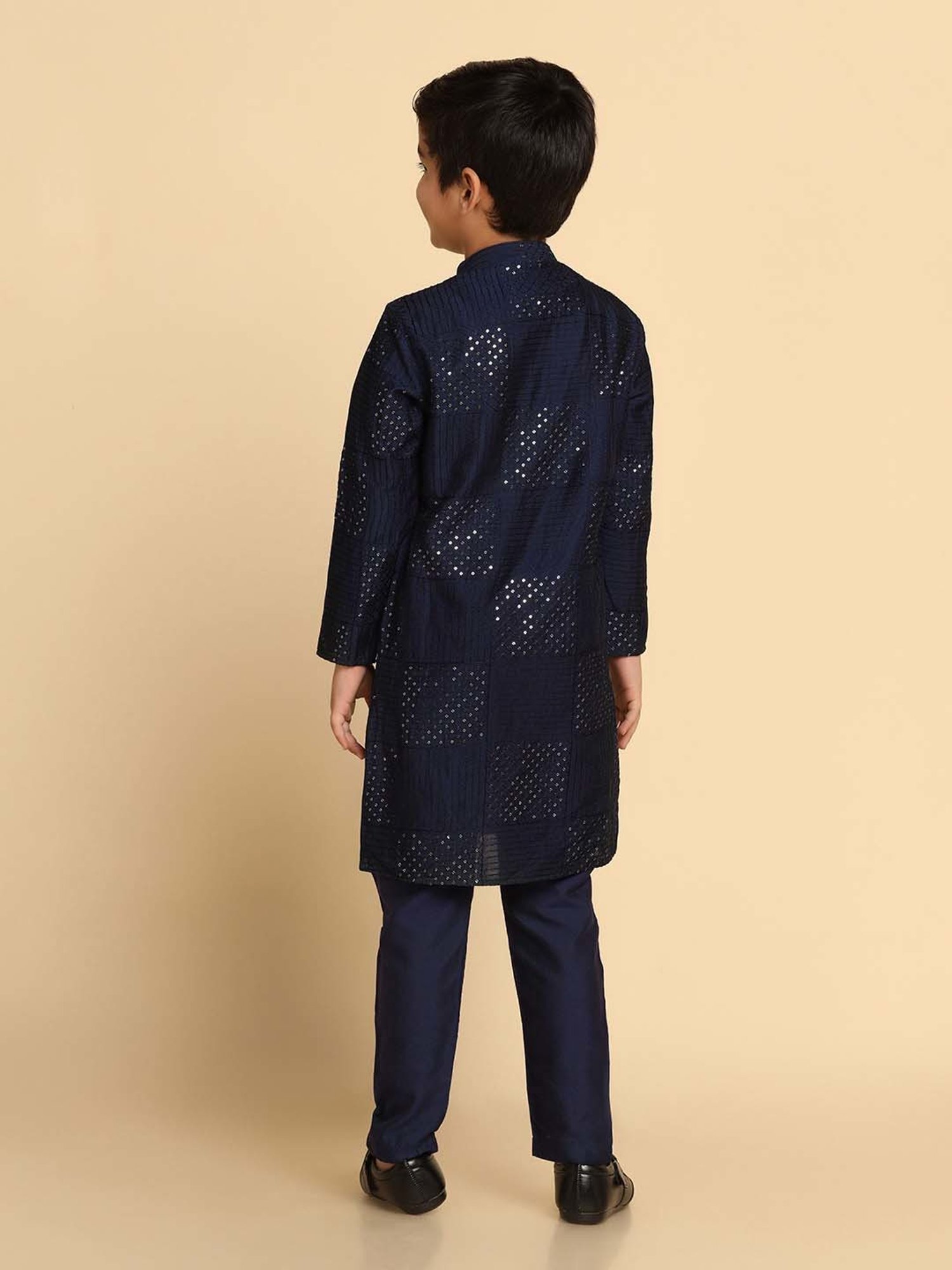 KISAH Kids Navy Cotton Embroidered Full Sleeves Kurta