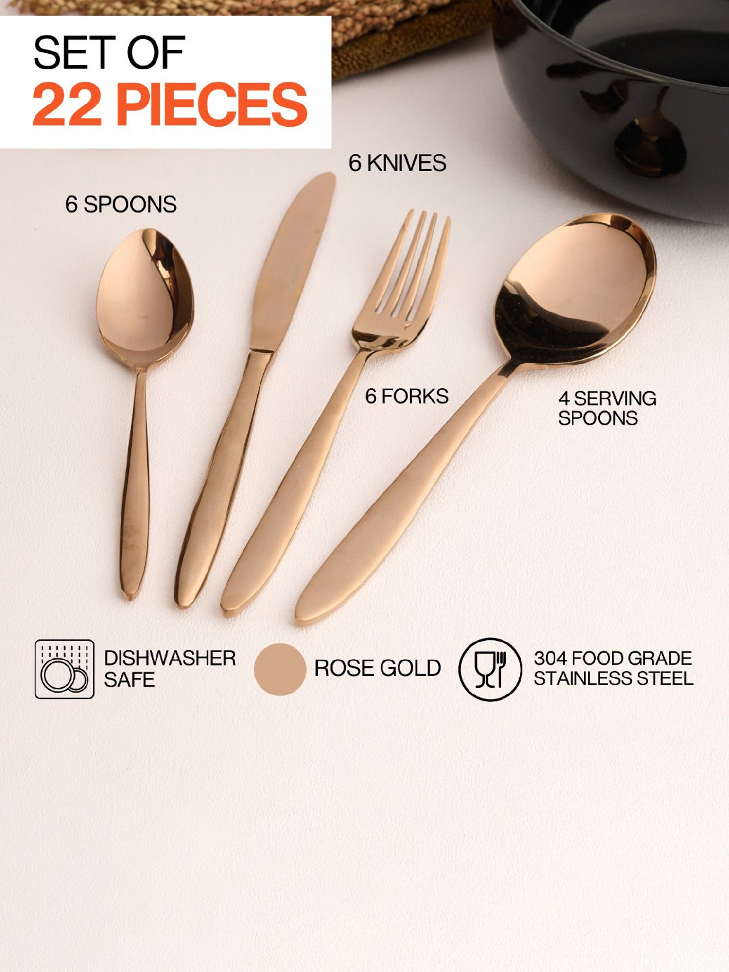BlackCarrot 22 Pcs Rose Gold Stainless Steel Cutlery Set