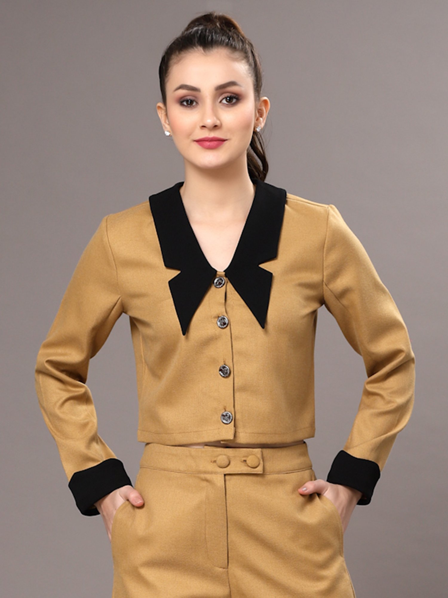 KASSUALLY Mustard Relaxed Fit Crop Shirt