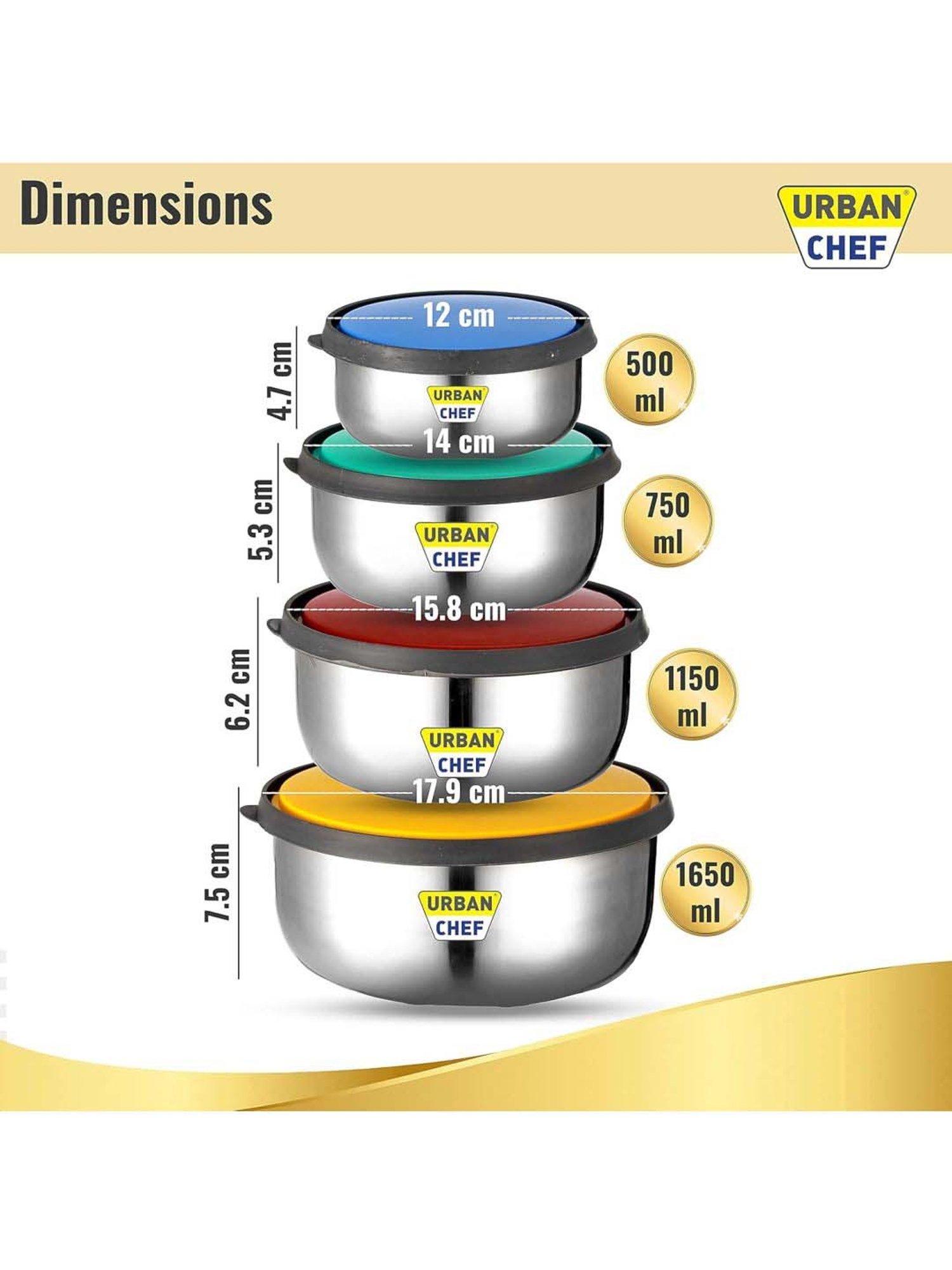 Urban Chef Multicolor Stainless Steel Fresca Push & Lock Bowl Storage Set With Lid - Set of 4