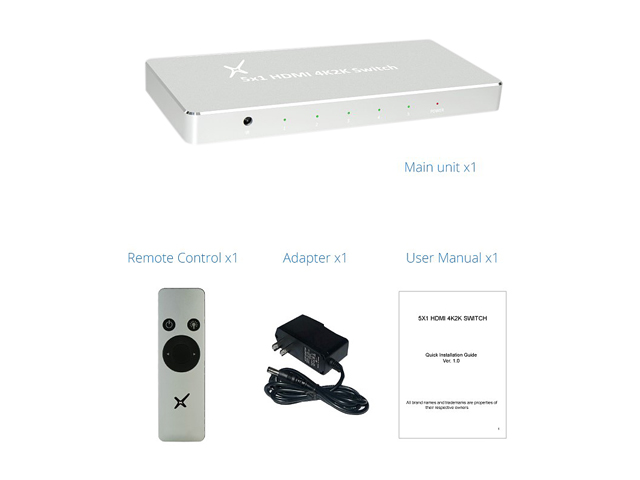 XtremPro 64501KA 5x1 HDMI Aluminum 4K2K 3D /60Hz 5 In 1 Out Switch w/IR Wireless Remote control, AC Power Adapter 100 ~ 240V, Supports HDCP, LPCM, DTS, 3D All Format - Silver