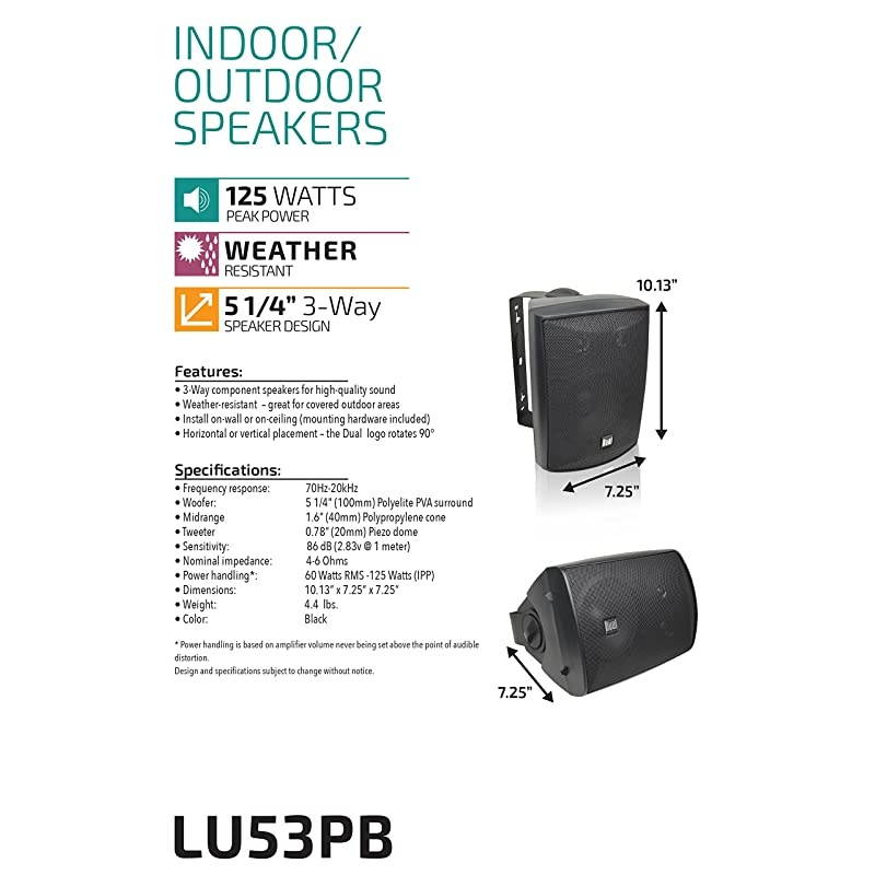 LU53PB 3Way High Performance Outdoor Indoor Speakers with Powerful Bass | Effortless Mounting Swivel Brackets | All Weather Resistance | Expansive Stereo Sound Coverage | Sold in Pairs