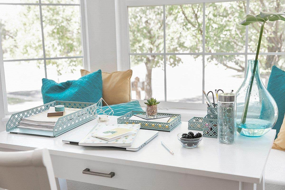 Blu Monaco Office Supplies Teal Blue Desk Organizers and Accessories-5 Piece Interlocking Cute Desk Organizer Set-Letter Tray-Pen Cup-3 Assorted Accessory Trays-Room Decor for Women and Teen Girls
