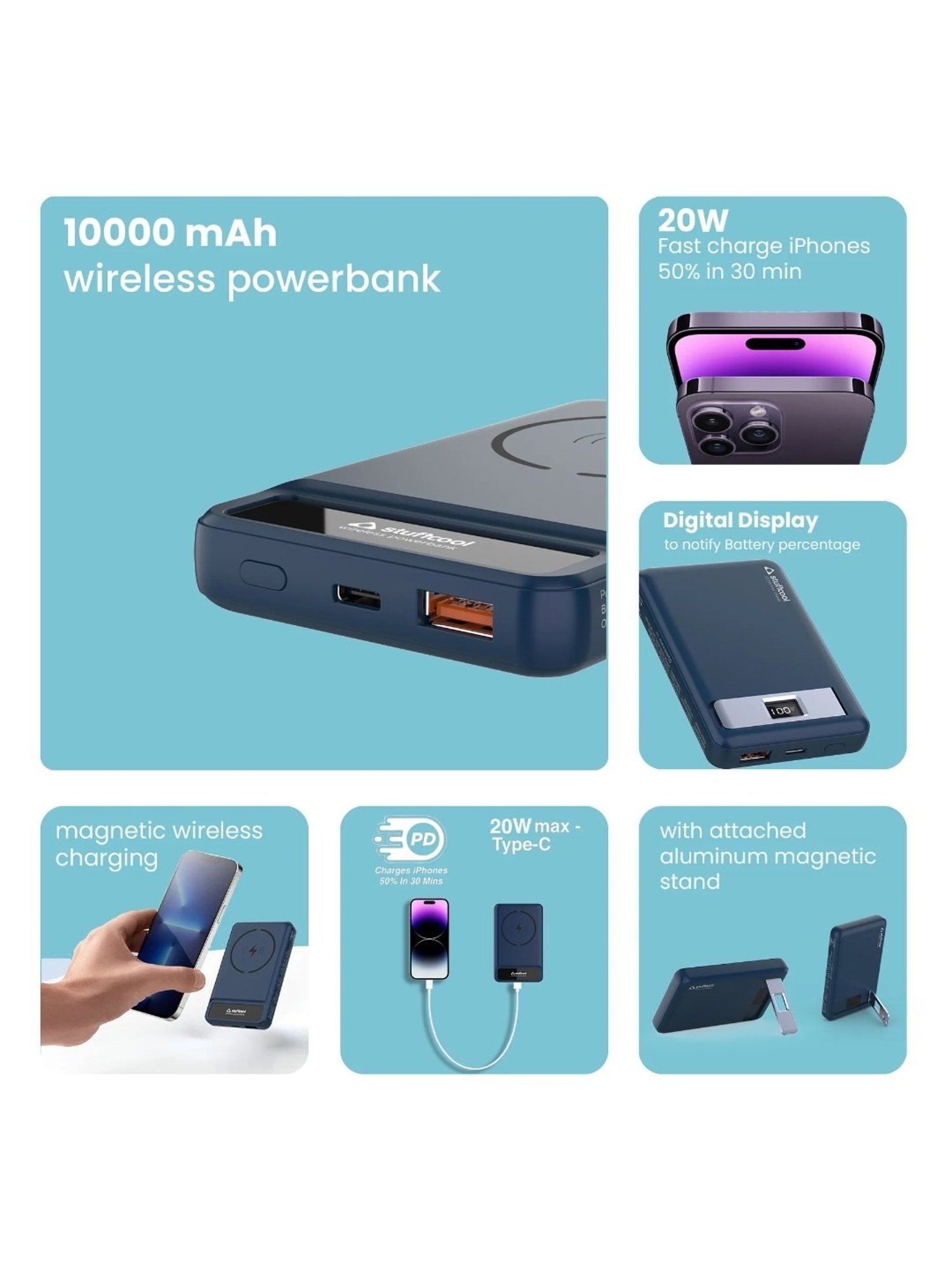 Stuffcool Pro 10000mAh Magnetic Wireless Powerbank with Stand (Blue)