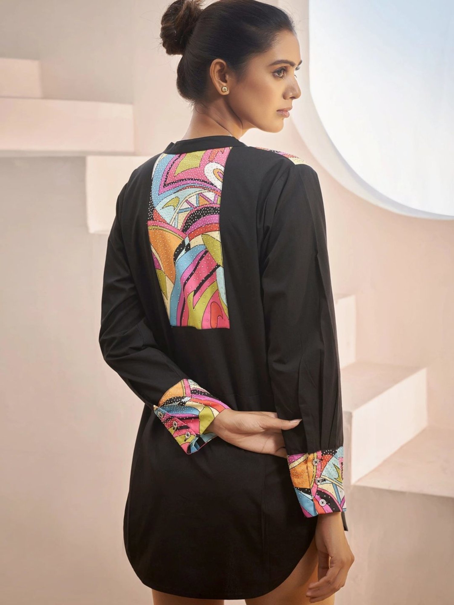 Kaftanize Black Kameez Shirt with Pop Print Patches and Rhinestone Work