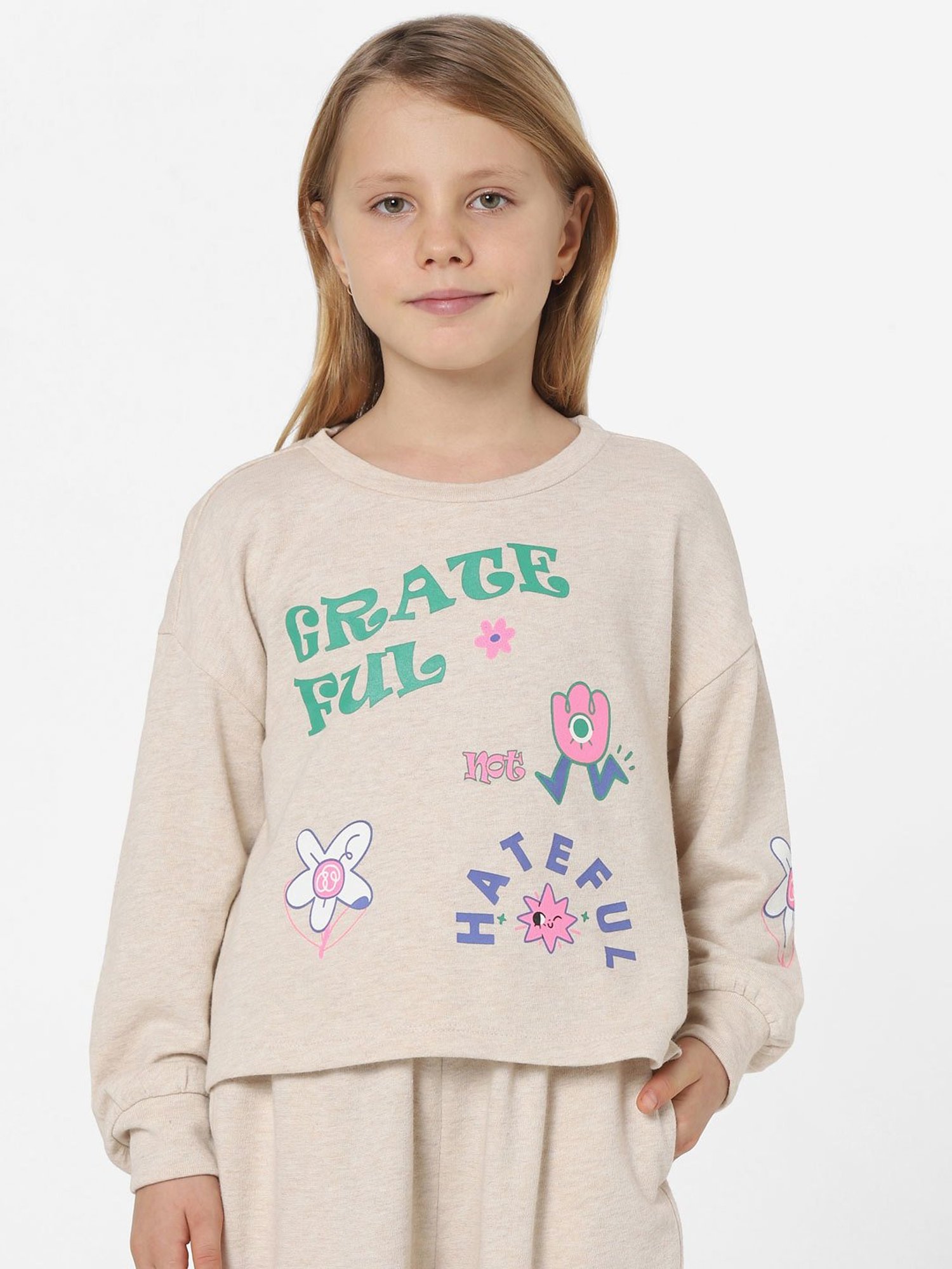 KIDS ONLY Beige Printed Full Sleeves Sweatshirt