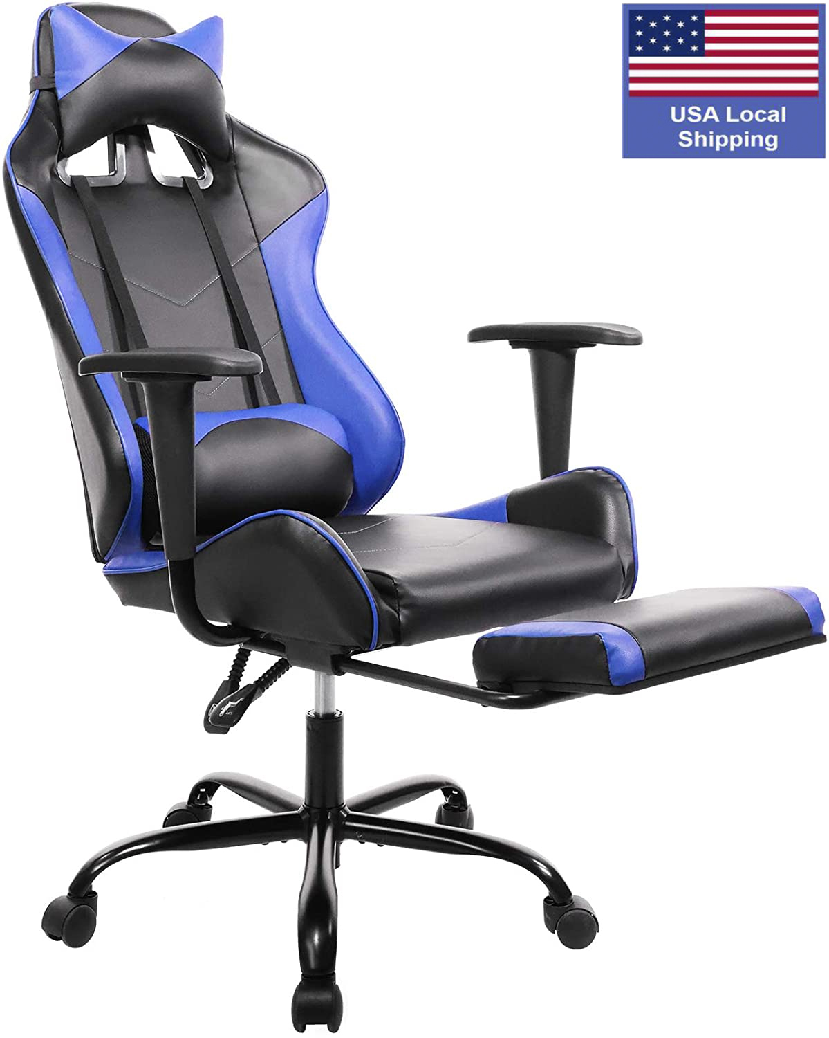 SMUGDESK Gaming Chair with Footrest Racing Style Recliner with Lumbar Support, Ergonomic Office Armchair for Computer PU Leather High Back Desk Chair Headrest Swivel Rocking Desk Chair, Blue
