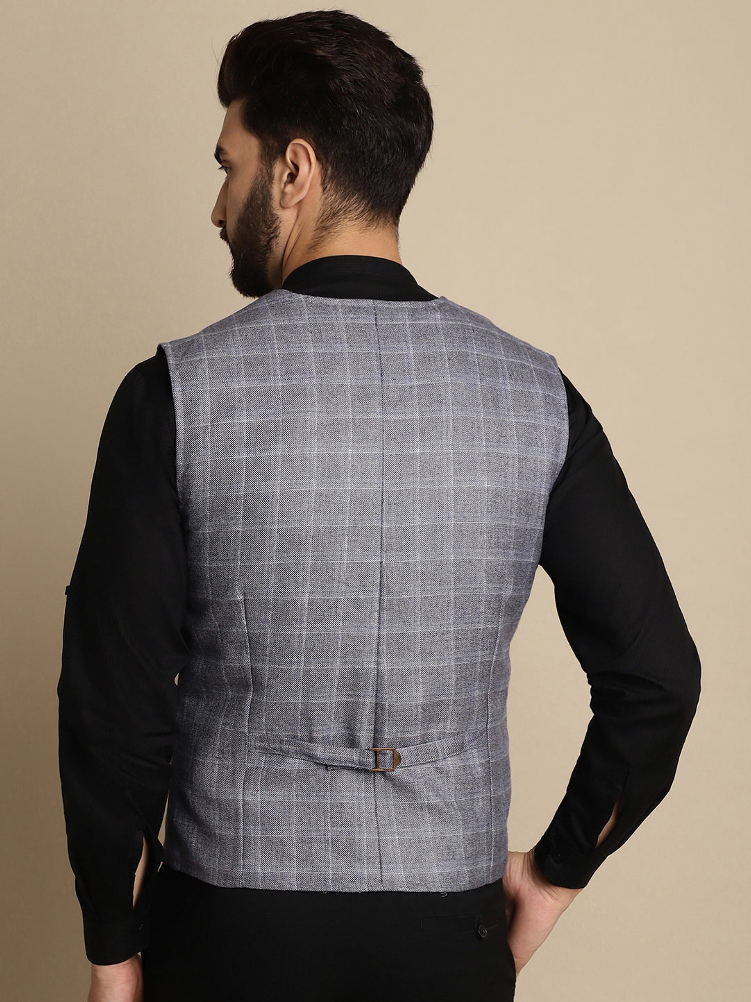 Even Slate Grey Regular Fit V Neck Check Waistcoat