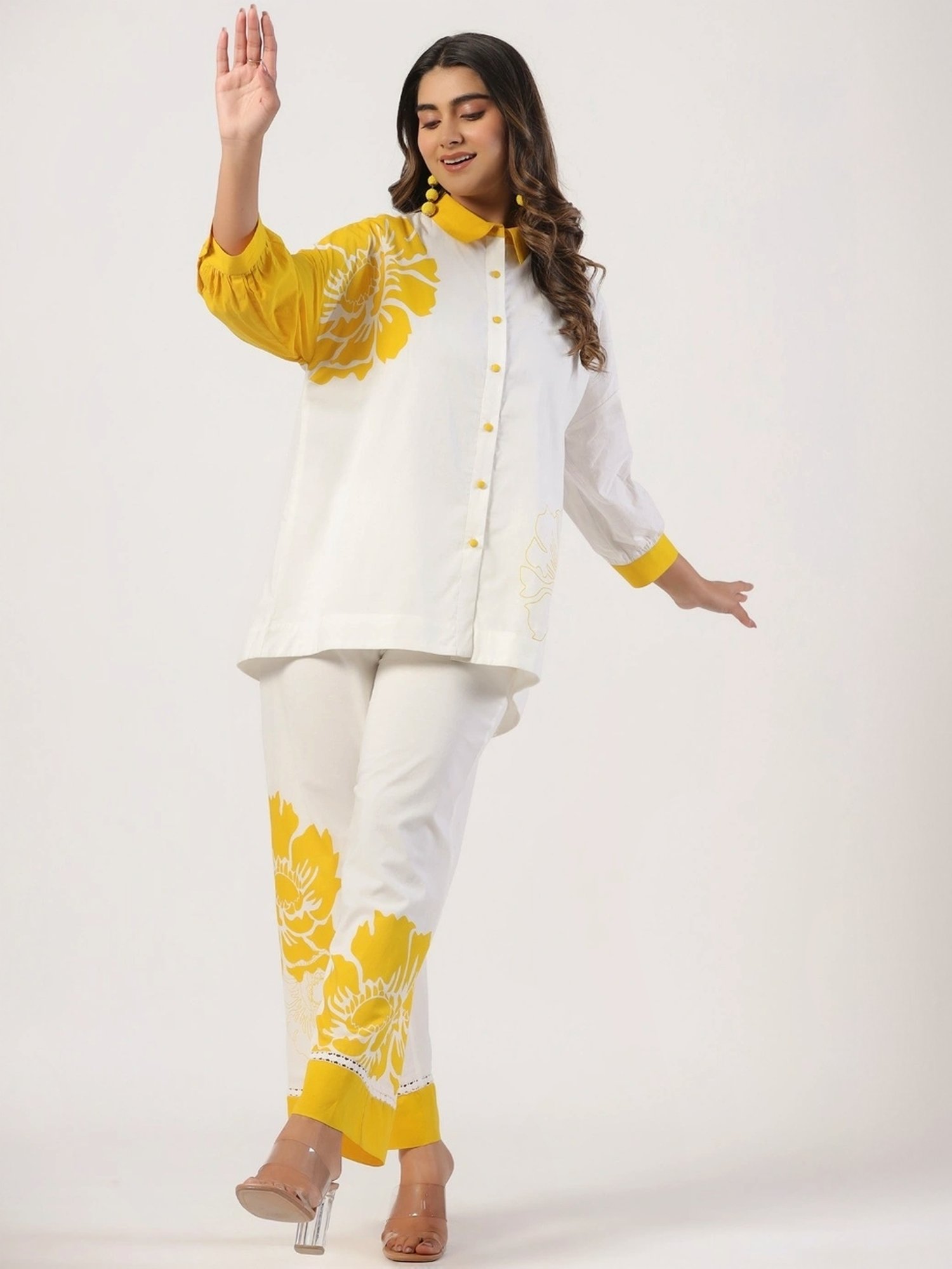 Zolo Label White Cotton Floral Print Shirt Palazzo Set
