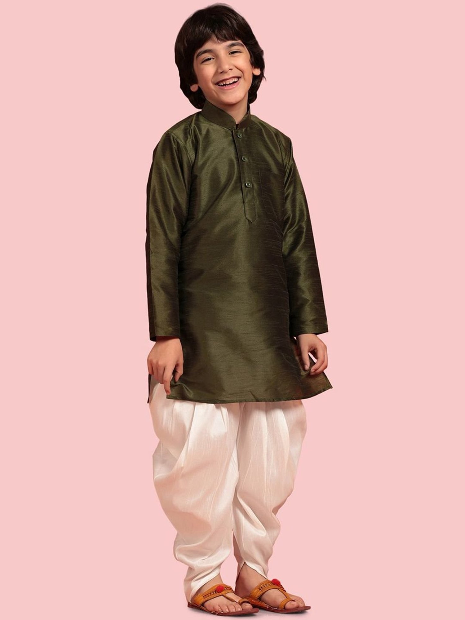 AJ Dezines Kids Olive Green & White Regular Fit Full Sleeves Kurta Set