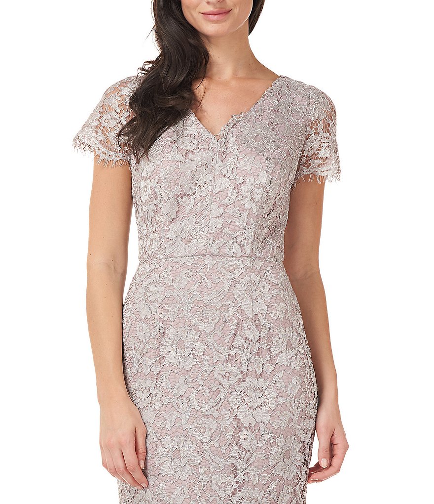 JS Collections Metallic Lace V-Neck Flutter Cap Sleeve Mermaid Gown