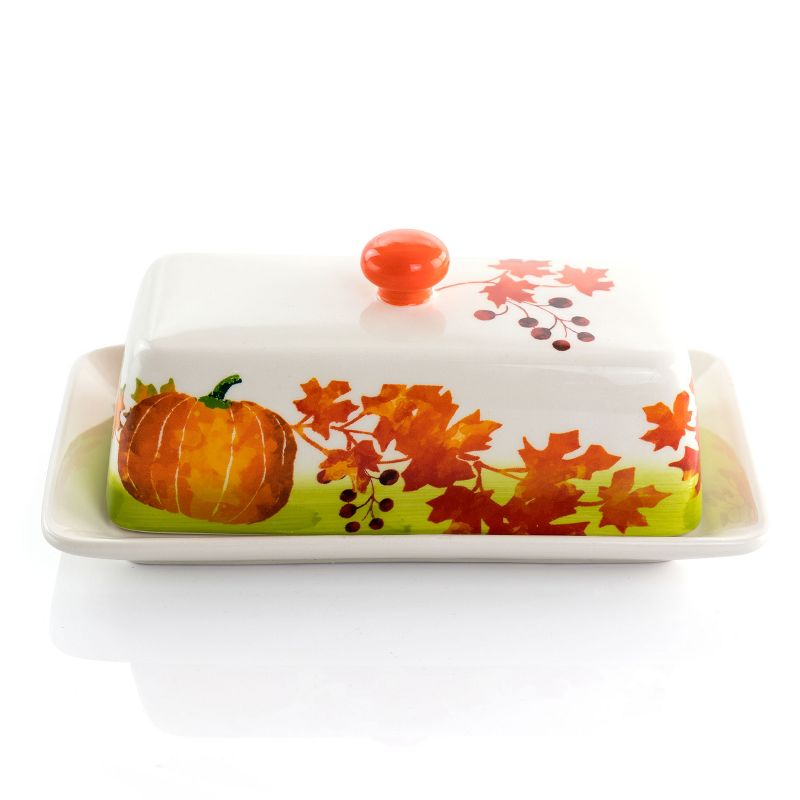 Gibson Home Harvest Leaves 7.7 Inch Durastone Butter Dish with Lid