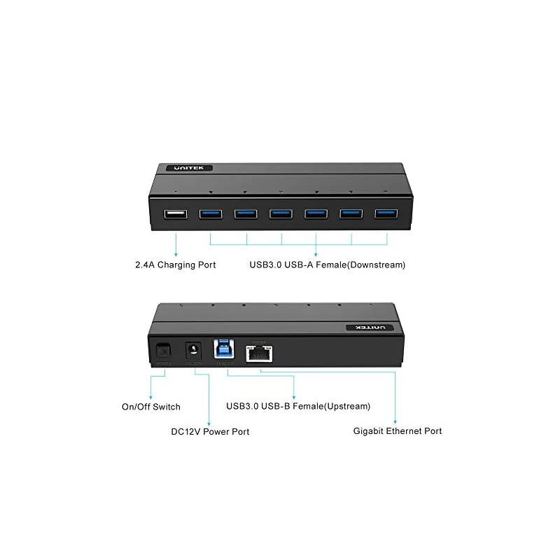 USB Ethernet Adapter 7Port Hub 6 Ports USB 30 Hub with Gigabit Ethernet Converter 24A Charging Port 36W Powered Data Hub Splitter Compatible MacBook iMac Surface Pro Laptop PC HDD