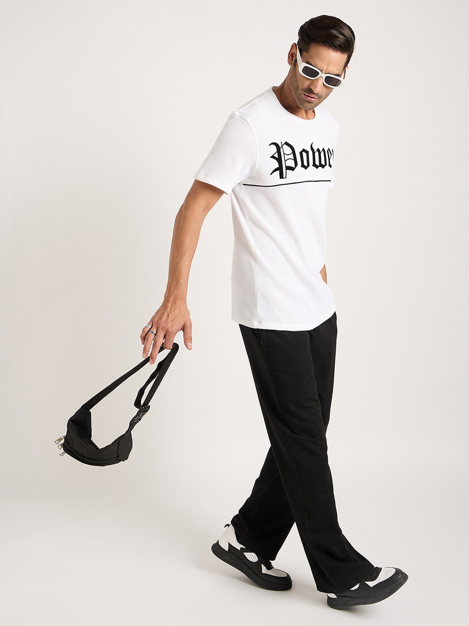 EDRIO White Regular Fit Textured Crew T-Shirt