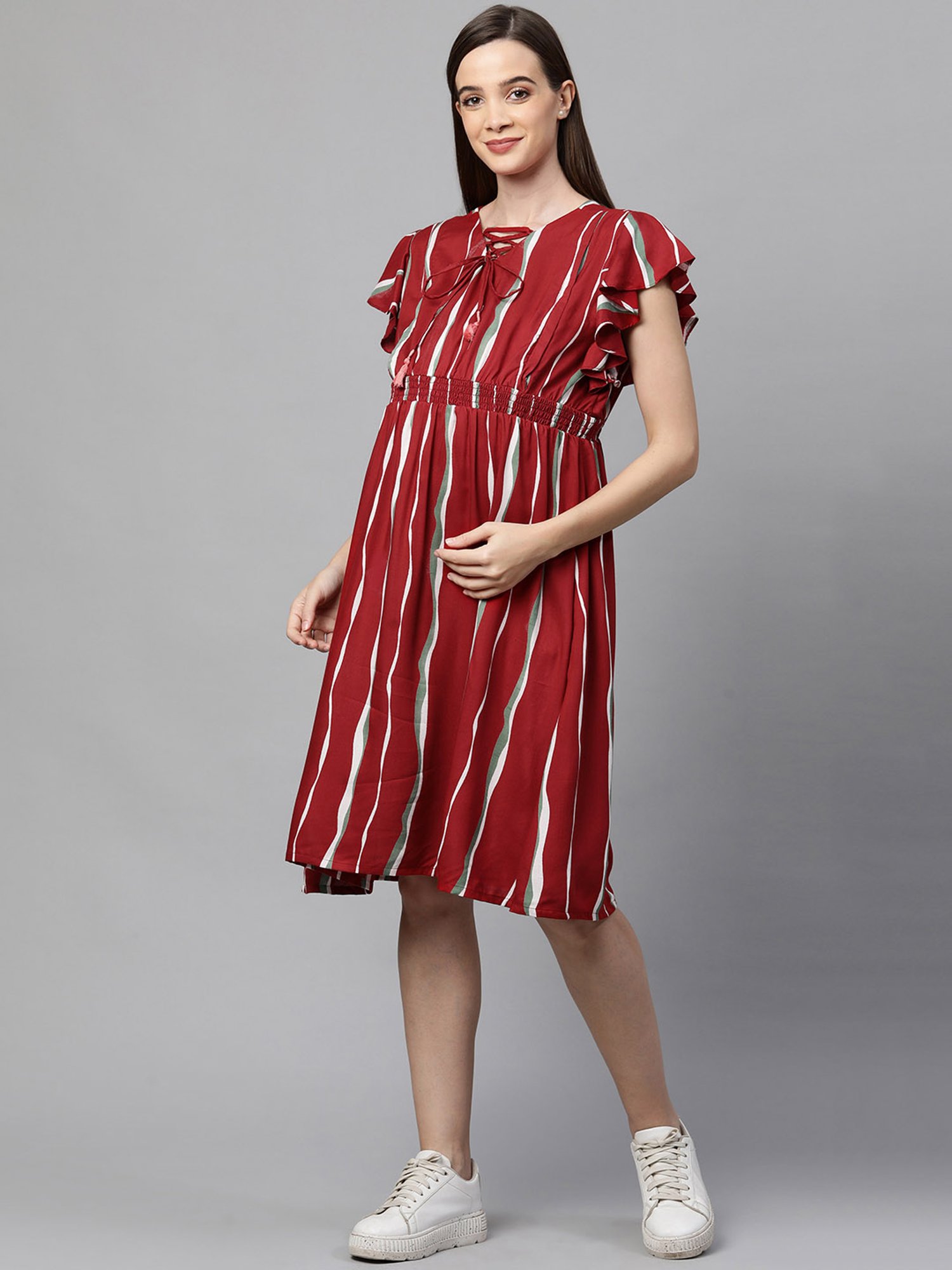 MomToBe Maroon Striped Maternity Dress