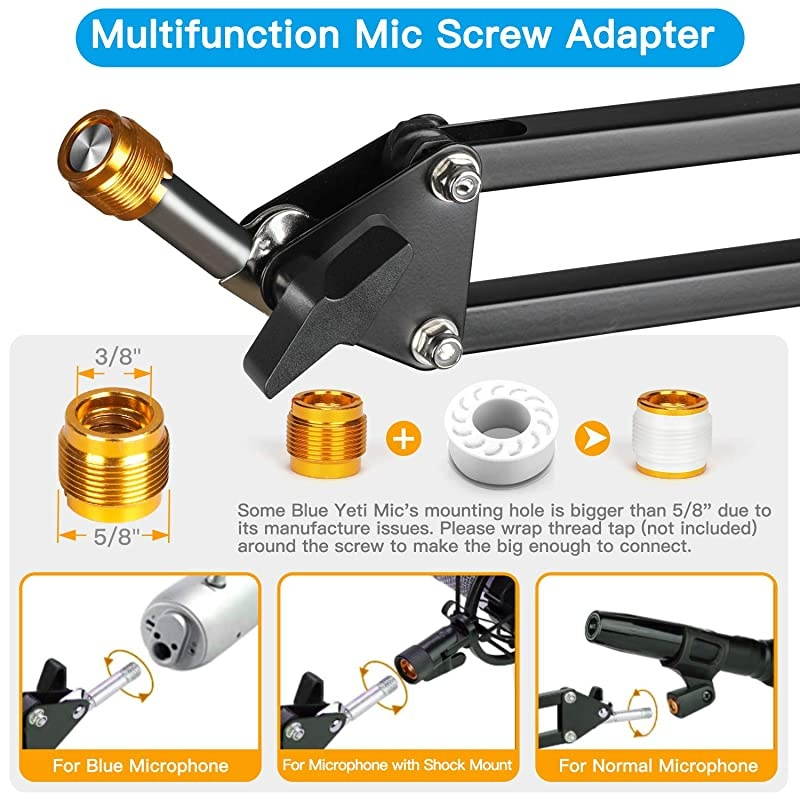 Microphone Suspension Scissor Boom Bracket Stand with Pop Filter and Mic Holder 58Screw for Blue Yeti Snowball Spark Yeti x and All Other Microphones