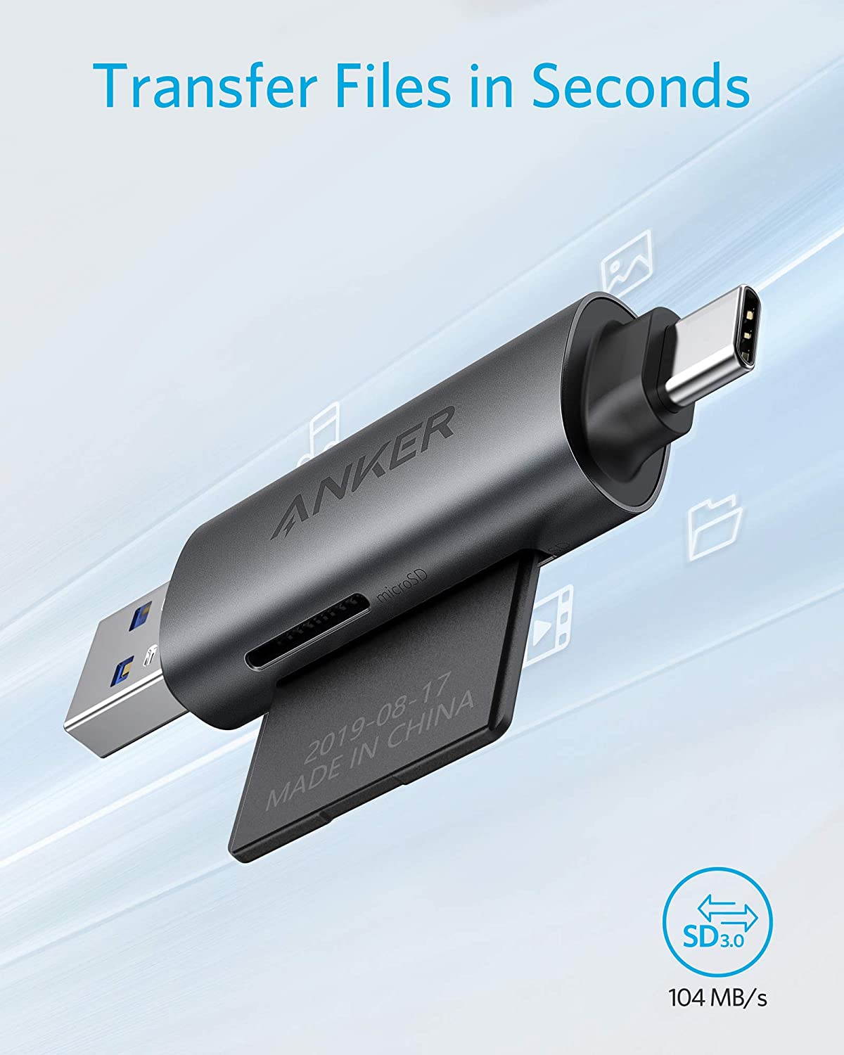 Anker USB-C and USB 3.0 SD Card Reader, PowerExpand+ 2-in-1 Memory Card Reader with Dual Connectors, for SDXC, SDHC, SD, MMC, RS-MMC, Micro SDXC, Micro SD, Micro SDHC Card, and UHS-I Cards
