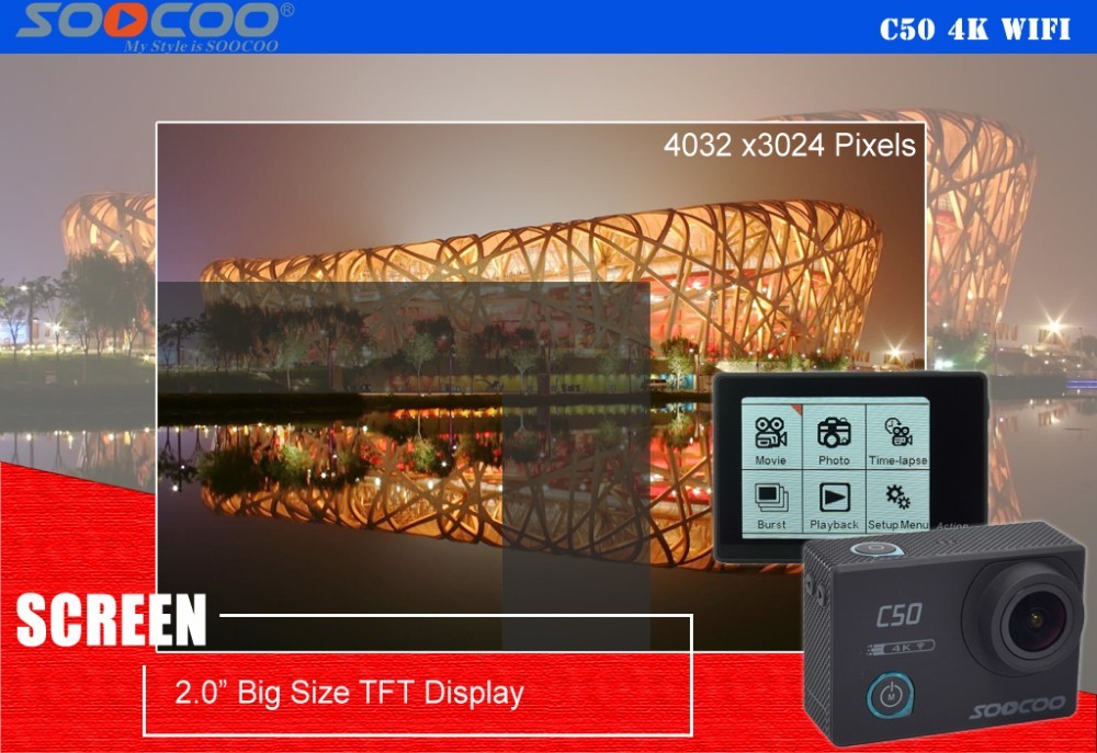 SOOCOO C50 Sports Action Camera Wifi 4K Gyro Adjustable Viewing Angles NTK96660 30M Waterproof Sport DV