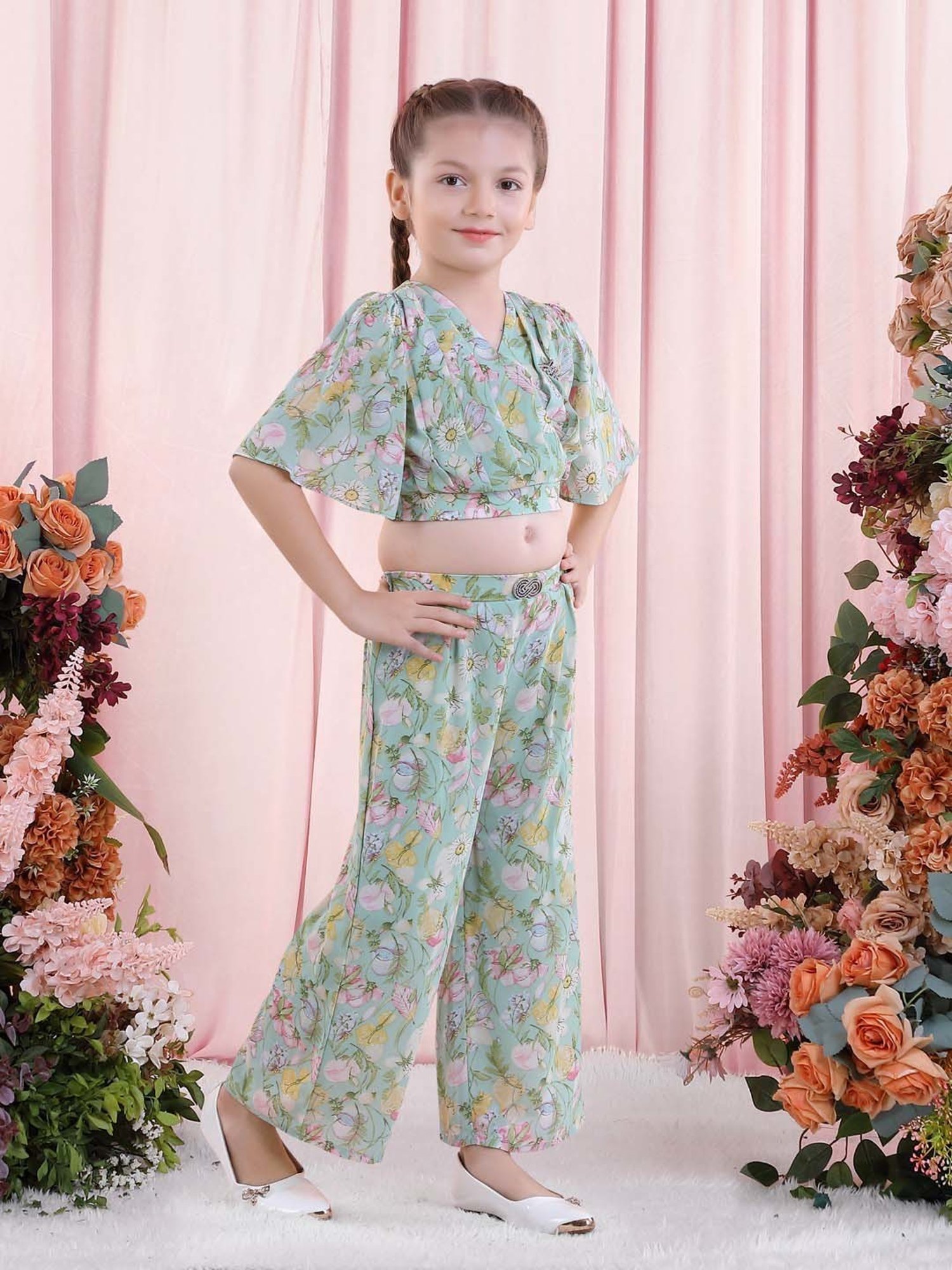 poplins Kids Green & Pink Cotton Floral Print Top Set