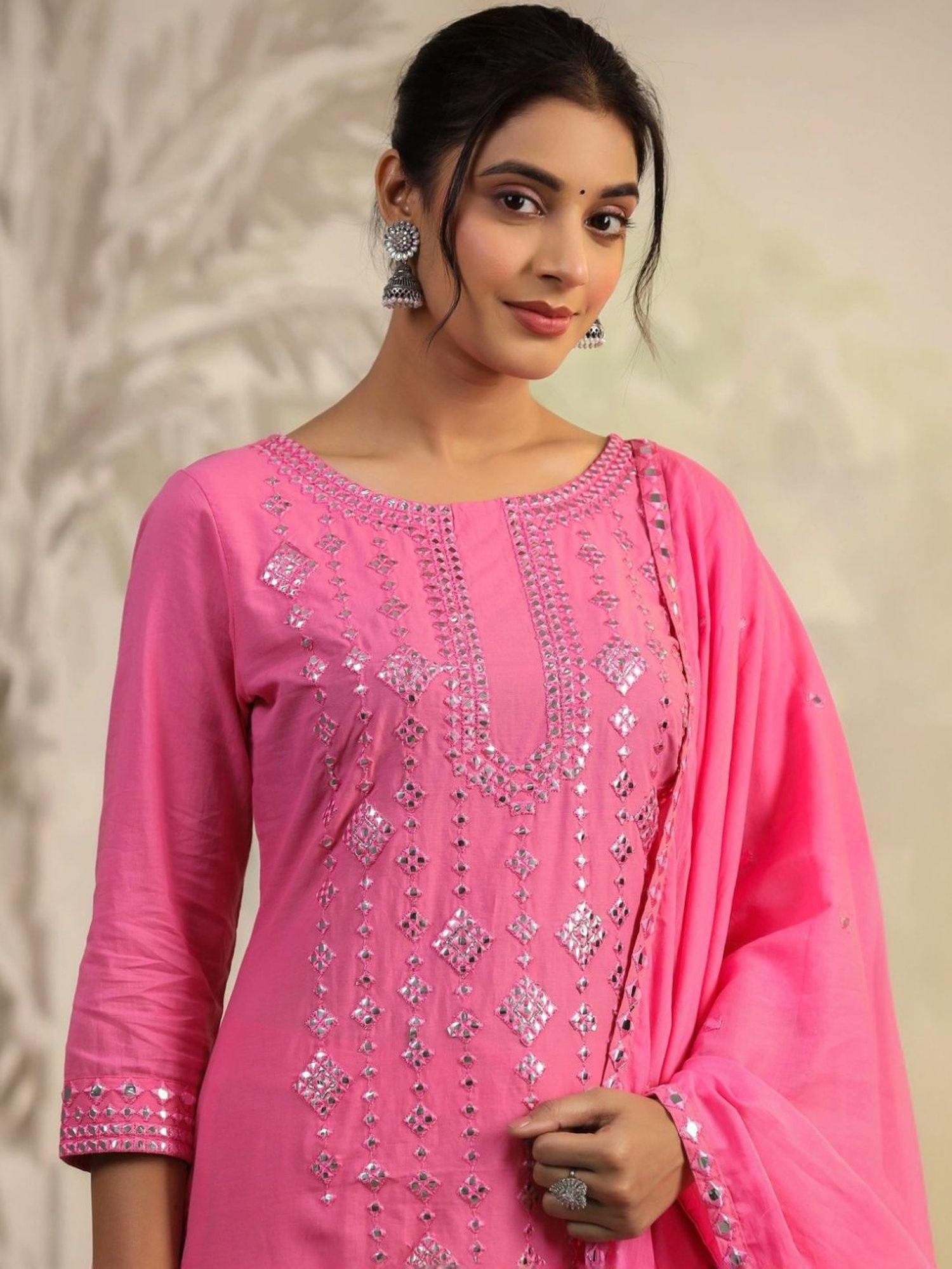 Scakhi Coral Blue Cotton Mirror Embroidered Kurta with Pant and Dupatta