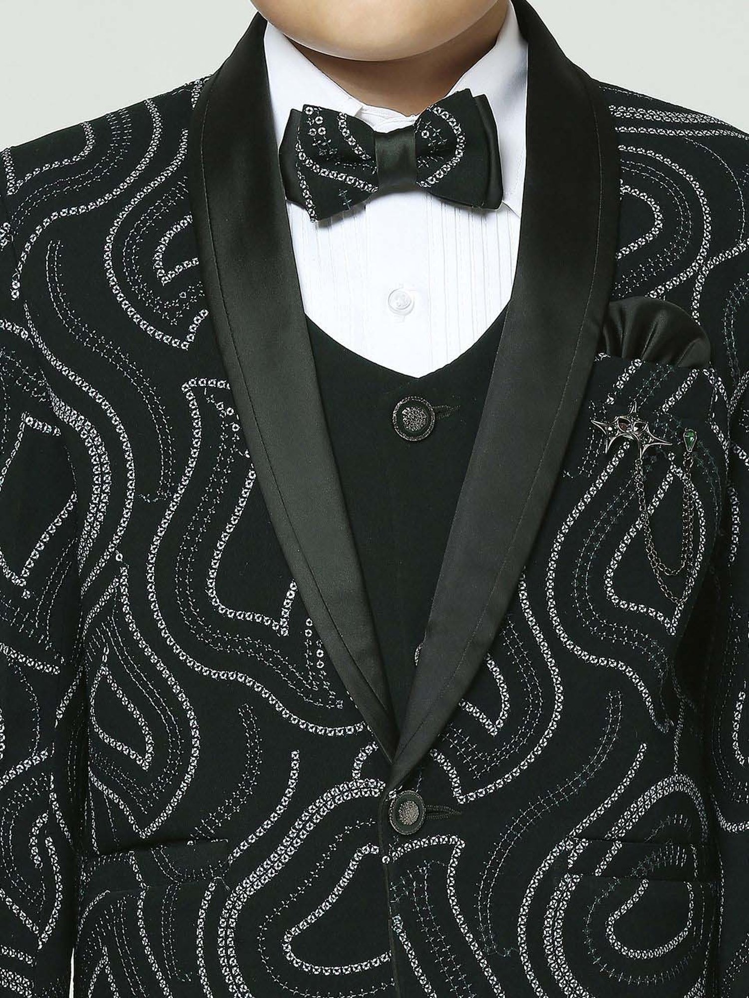 Kids Island Boys Green & White Embroidery Full Sleeves Suit Set